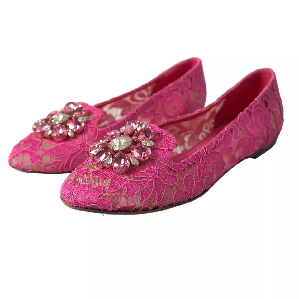 Dolce & Gabbana Pink Lace Crystal Ballet Loafers Shoes