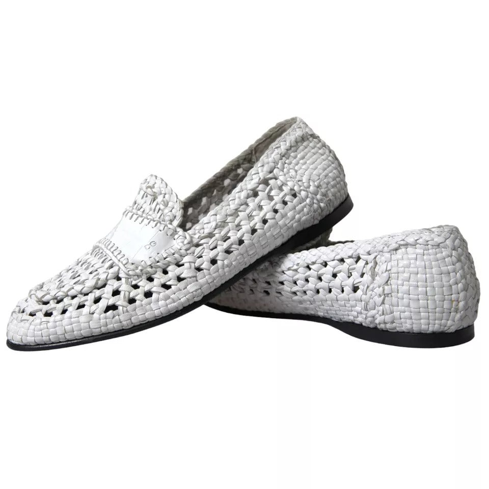 Dolce & Gabbana White Woven Leather Men Slip On Loafers Shoes