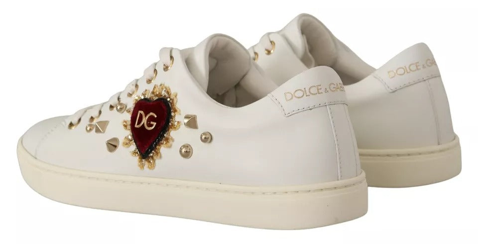 Dolce & Gabbana White Leather Gold Red Heart Sneakers Shoes