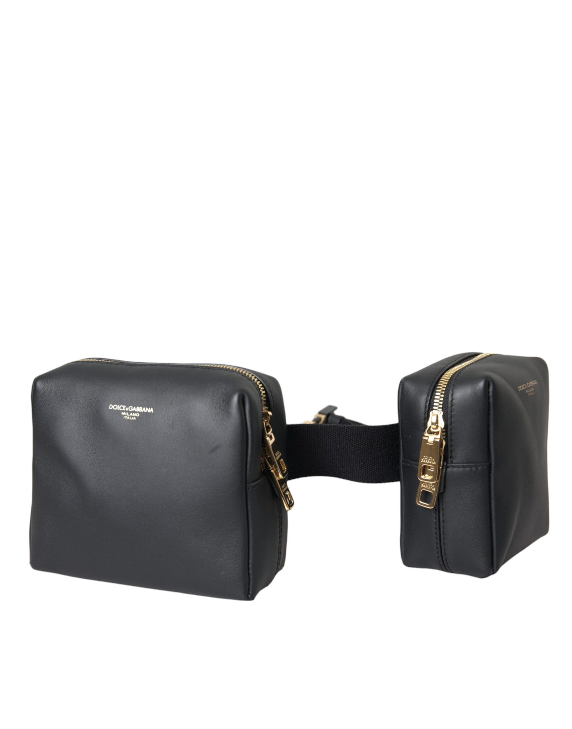 Dolce & Gabbana Black Calfskin Leather Double Waist Belt Fanny Pack Bag - KALAJ