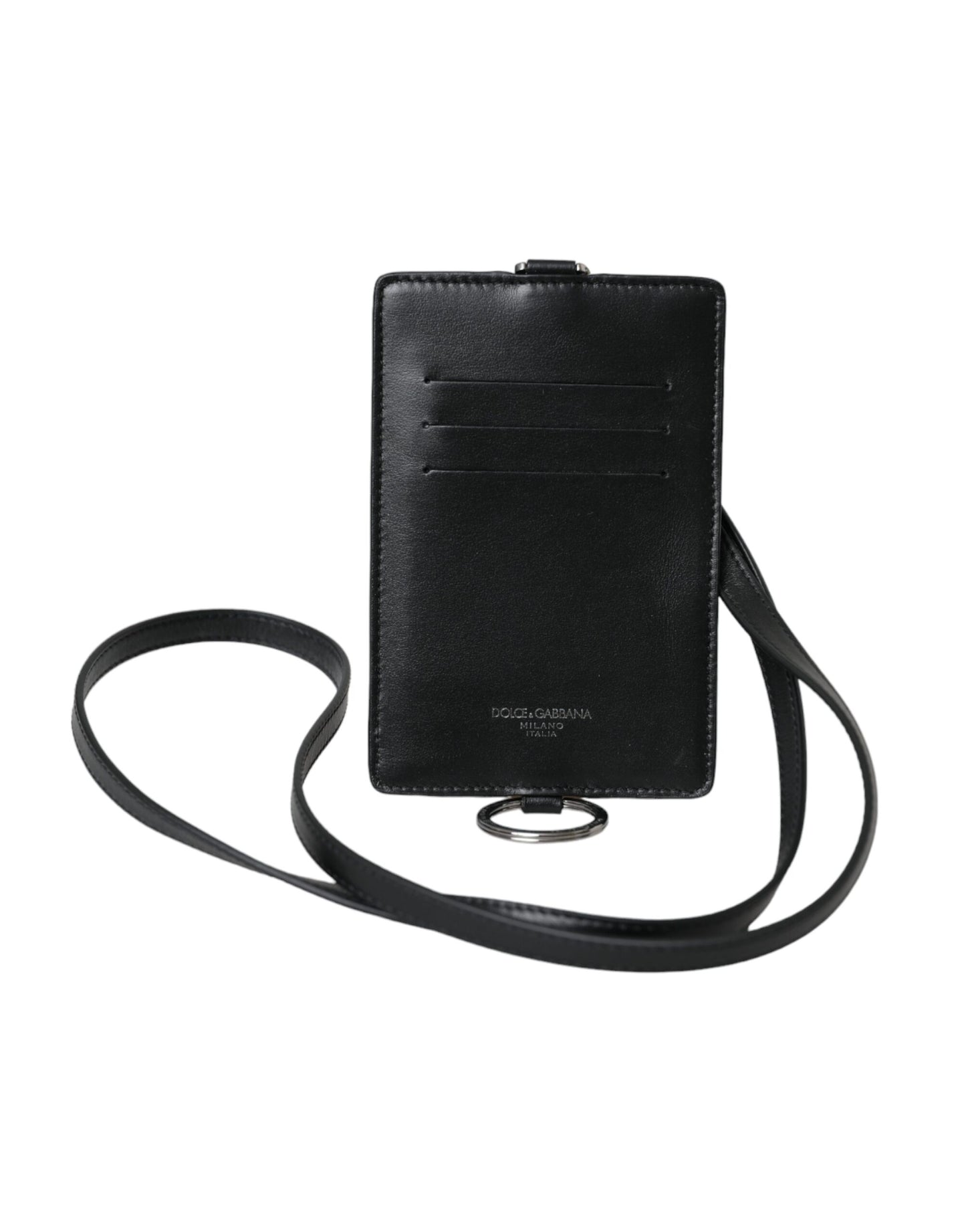 Dolce & Gabbana Black Calf Leather Lanyard Logo Card Holder Men Wallet - KALAJ