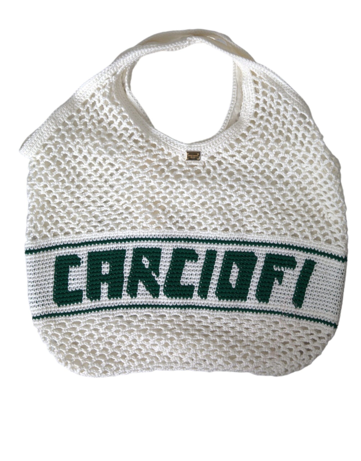 Dolce & Gabbana White Green Knitted Cotton Logo Shopping Tote Bag - KALAJ