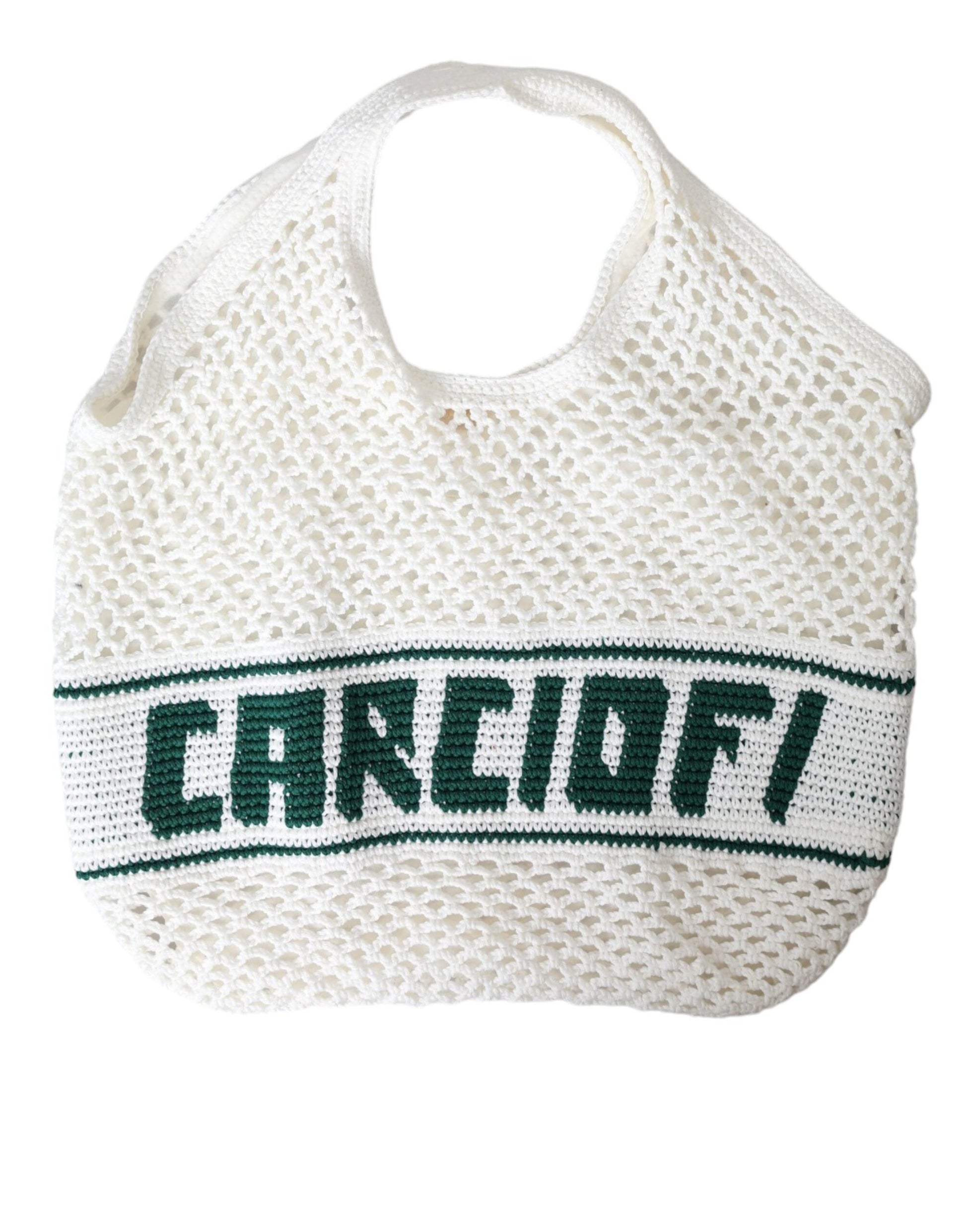 Dolce & Gabbana White Green Knitted Cotton Logo Shopping Tote Bag - KALAJ