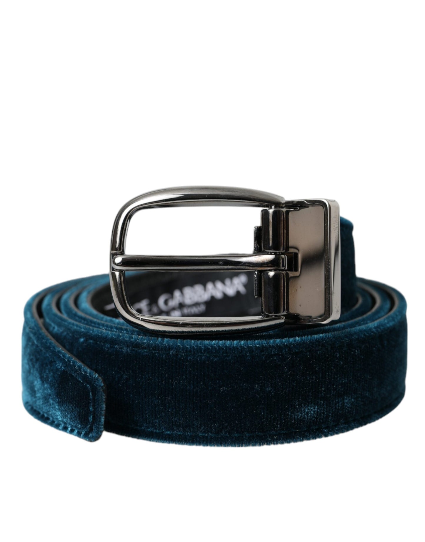 Dolce & Gabbana Blue Velvet Leather Silver Metal Buckle Belt - KALAJ