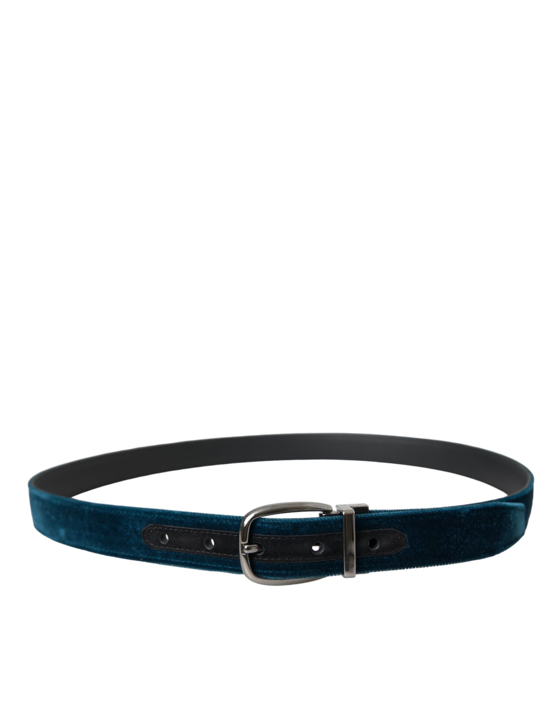 Dolce & Gabbana Blue Velvet Leather Silver Metal Buckle Belt - KALAJ