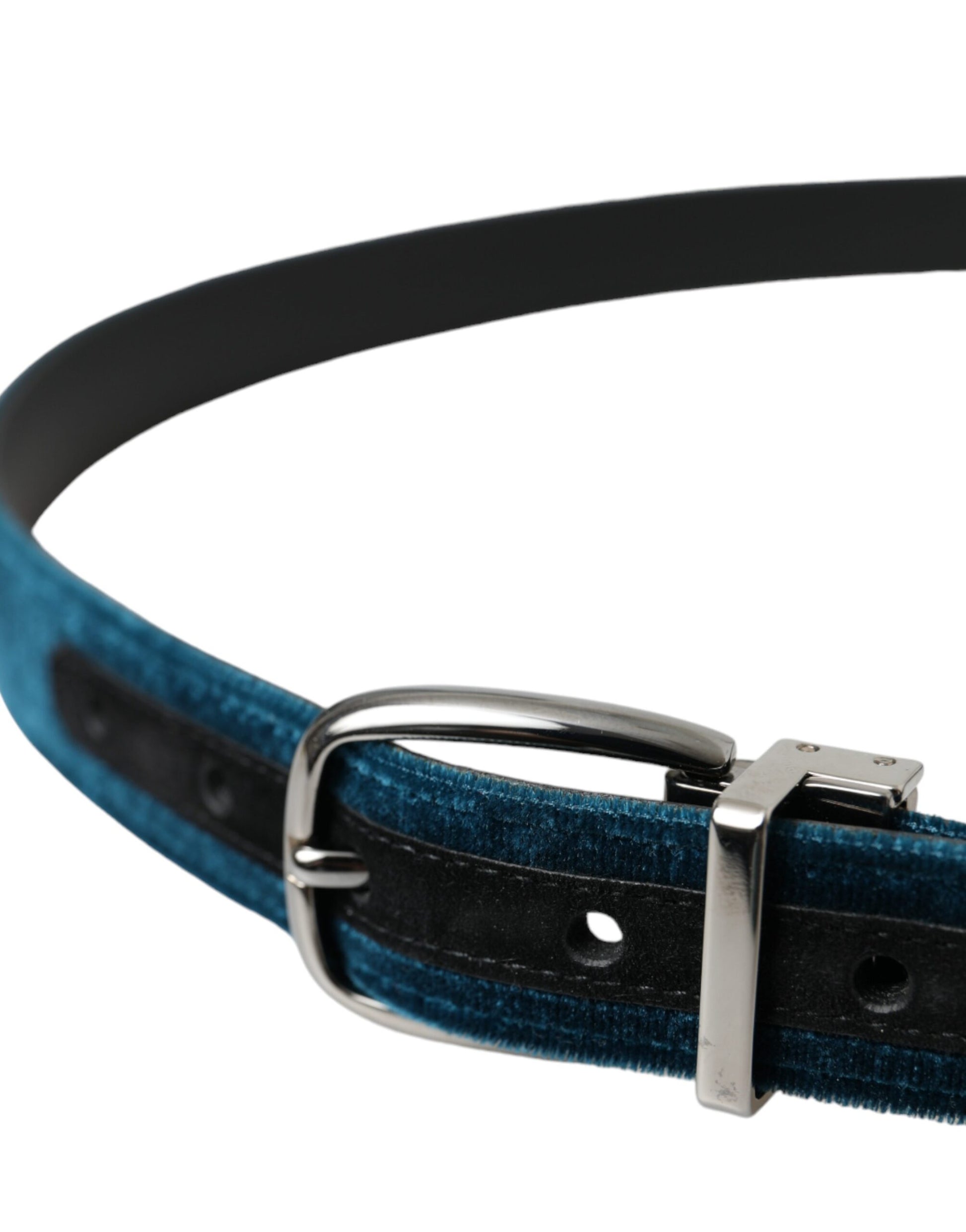 Dolce & Gabbana Blue Velvet Leather Silver Metal Buckle Belt - KALAJ