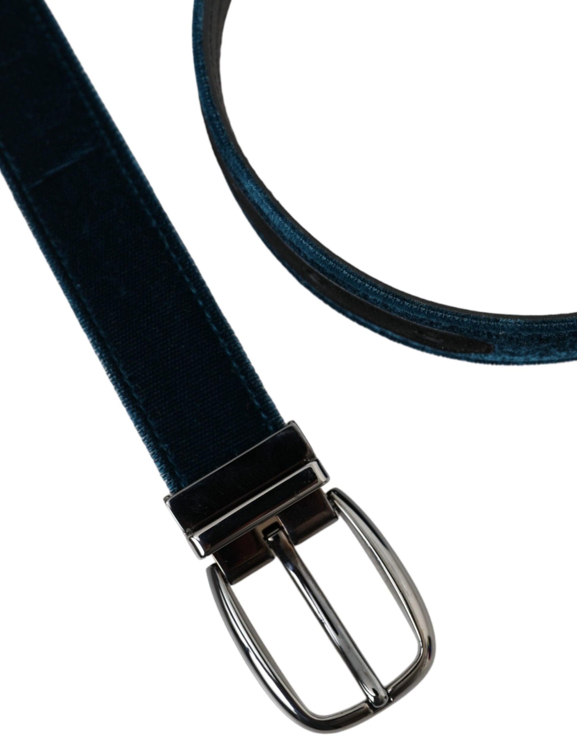 Dolce & Gabbana Blue Velvet Leather Silver Metal Buckle Belt - KALAJ