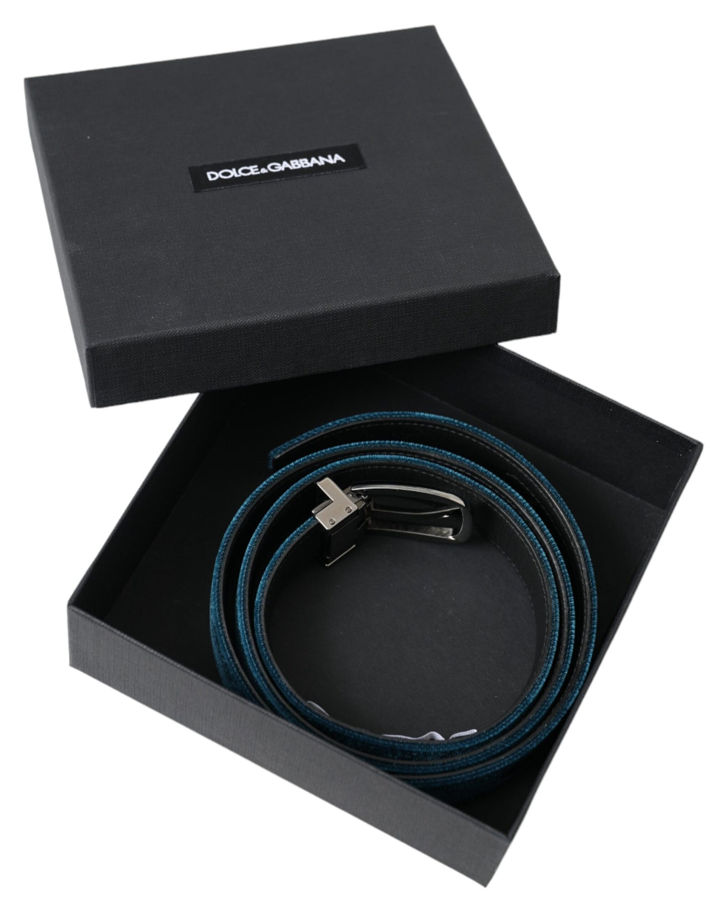 Dolce & Gabbana Blue Velvet Leather Silver Metal Buckle Belt - KALAJ