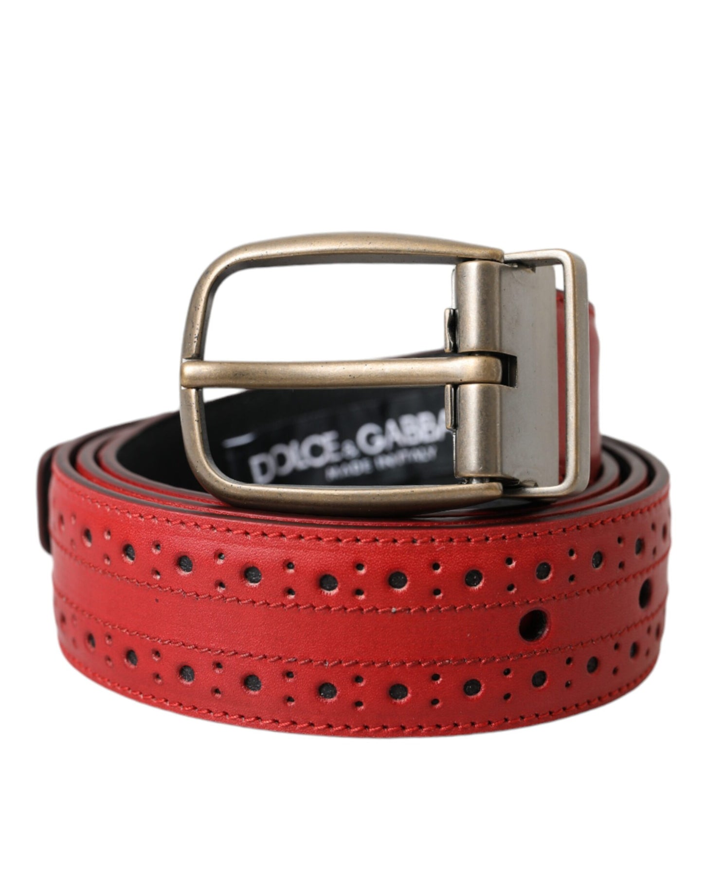 Dolce & Gabbana Red Perforated Leather Metal Buckle Belt Men - KALAJ