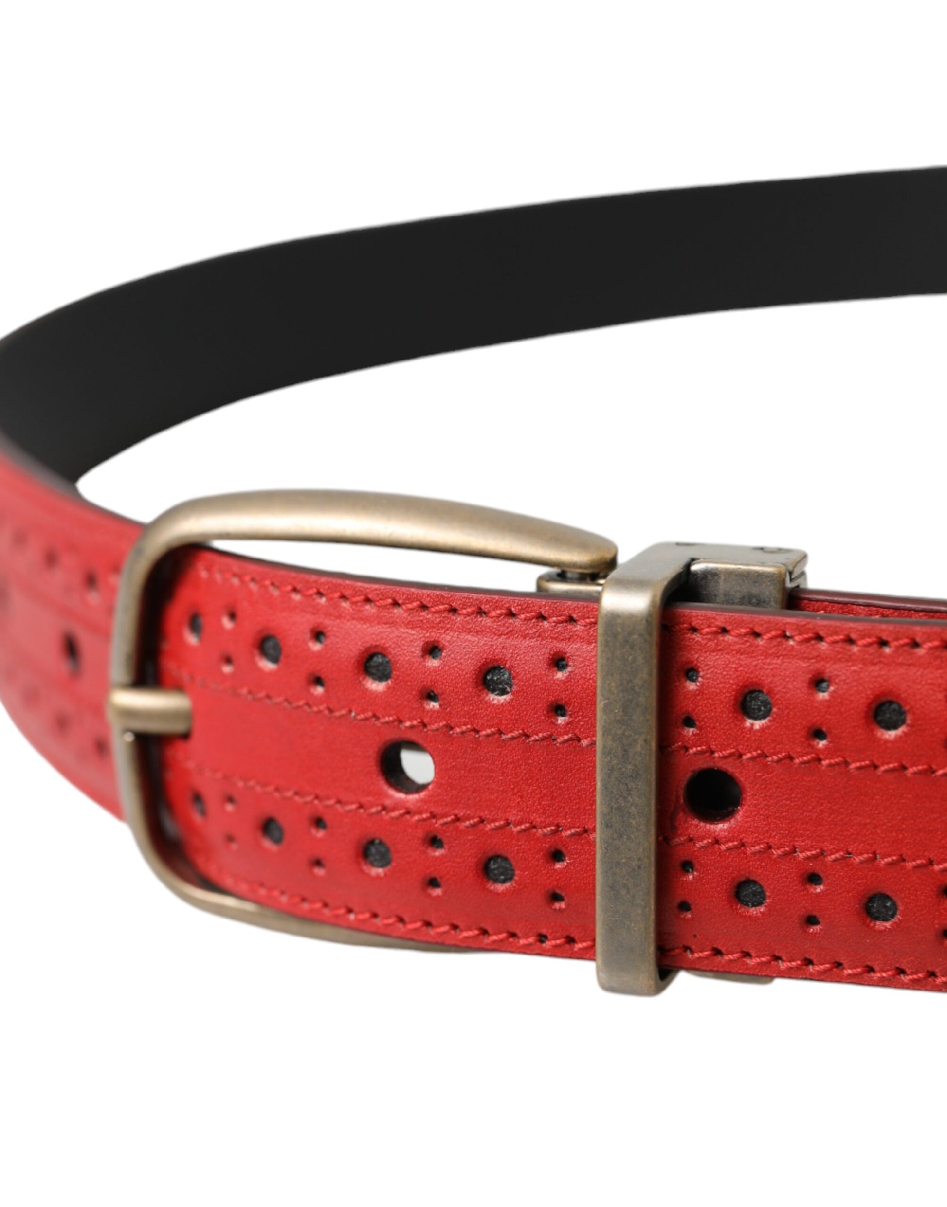 Dolce & Gabbana Red Perforated Leather Metal Buckle Belt Men - KALAJ