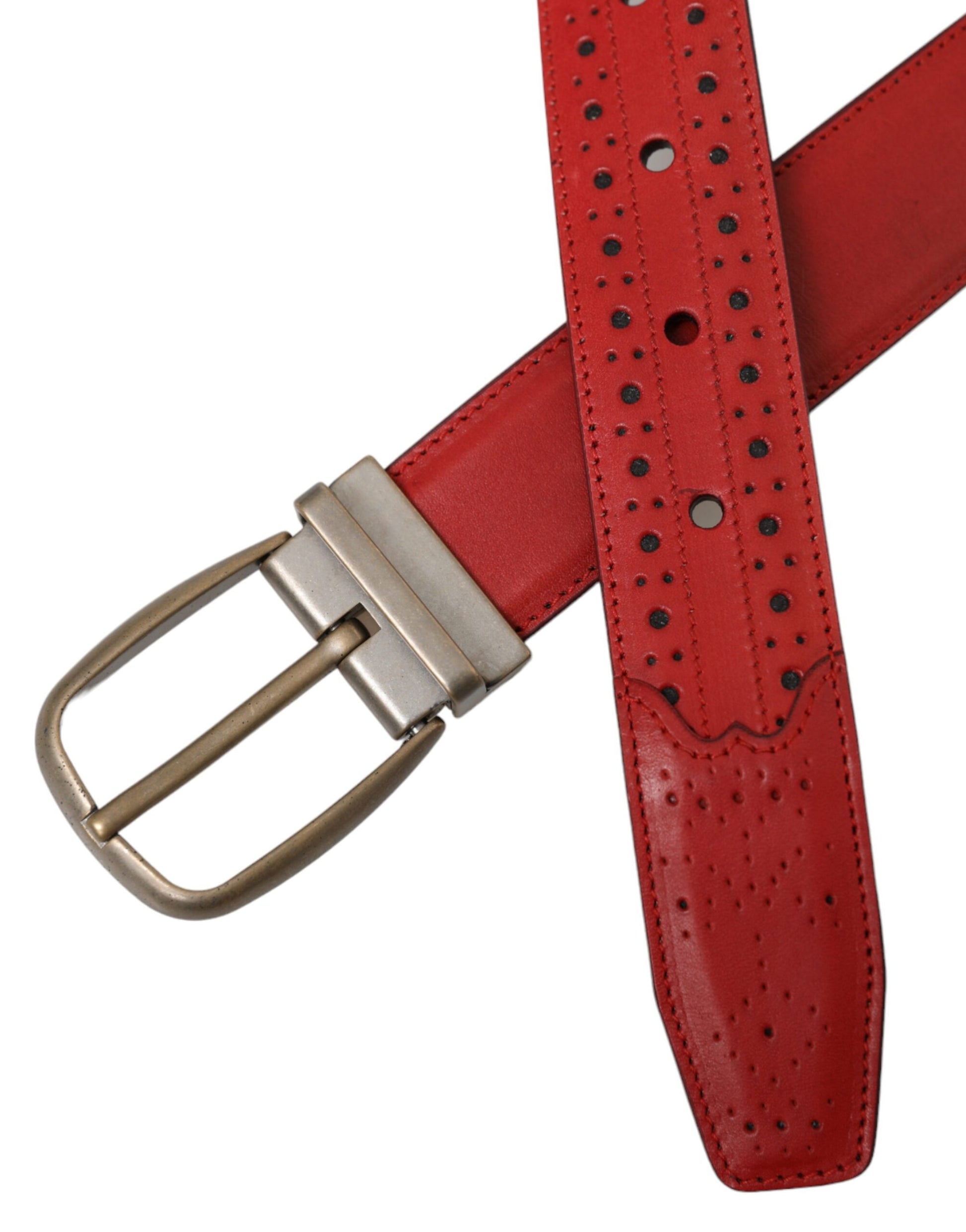 Dolce & Gabbana Red Perforated Leather Metal Buckle Belt Men - KALAJ