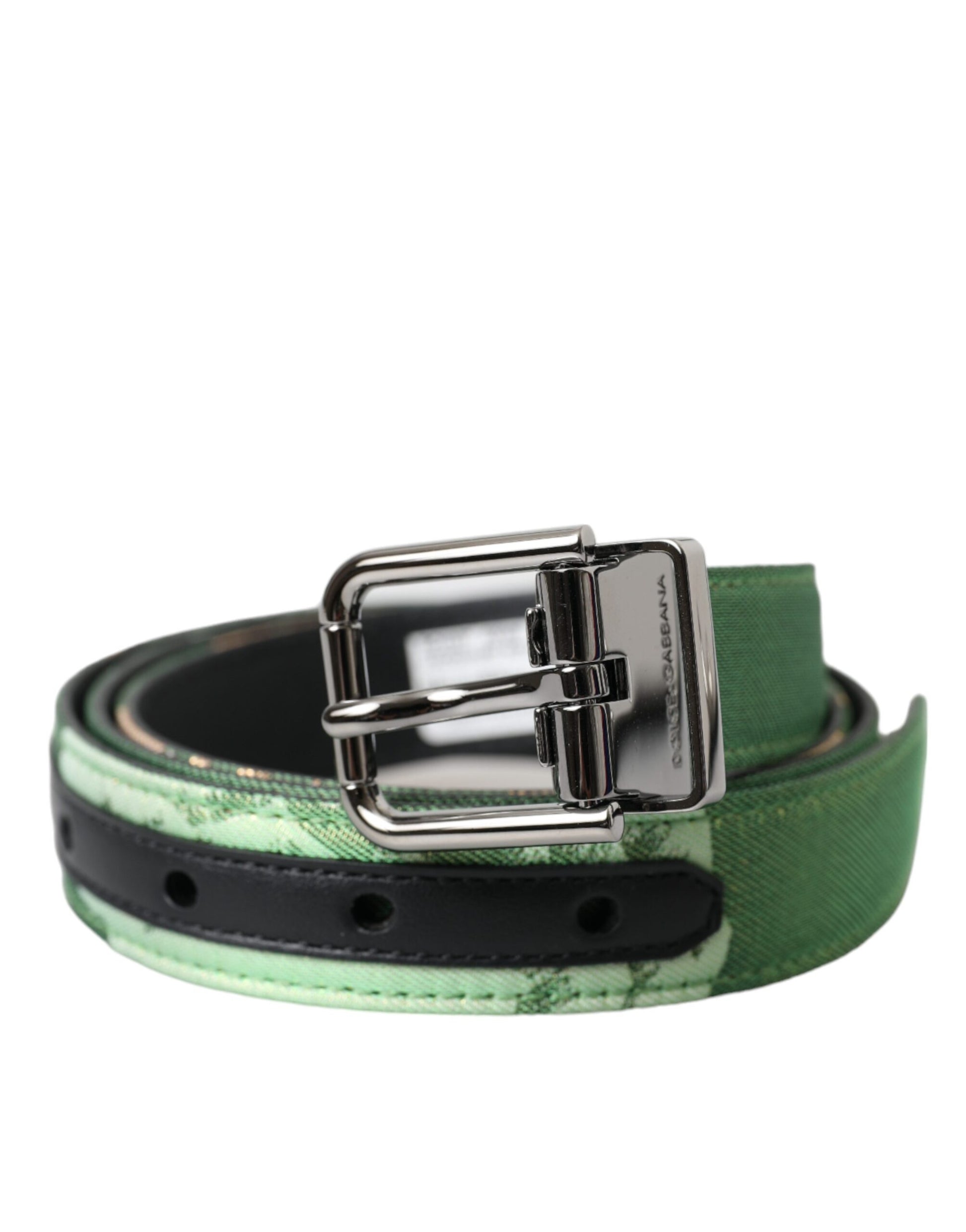 Dolce & Gabbana Green Leather Jacquard Silver Metal Buckle Belt - KALAJ