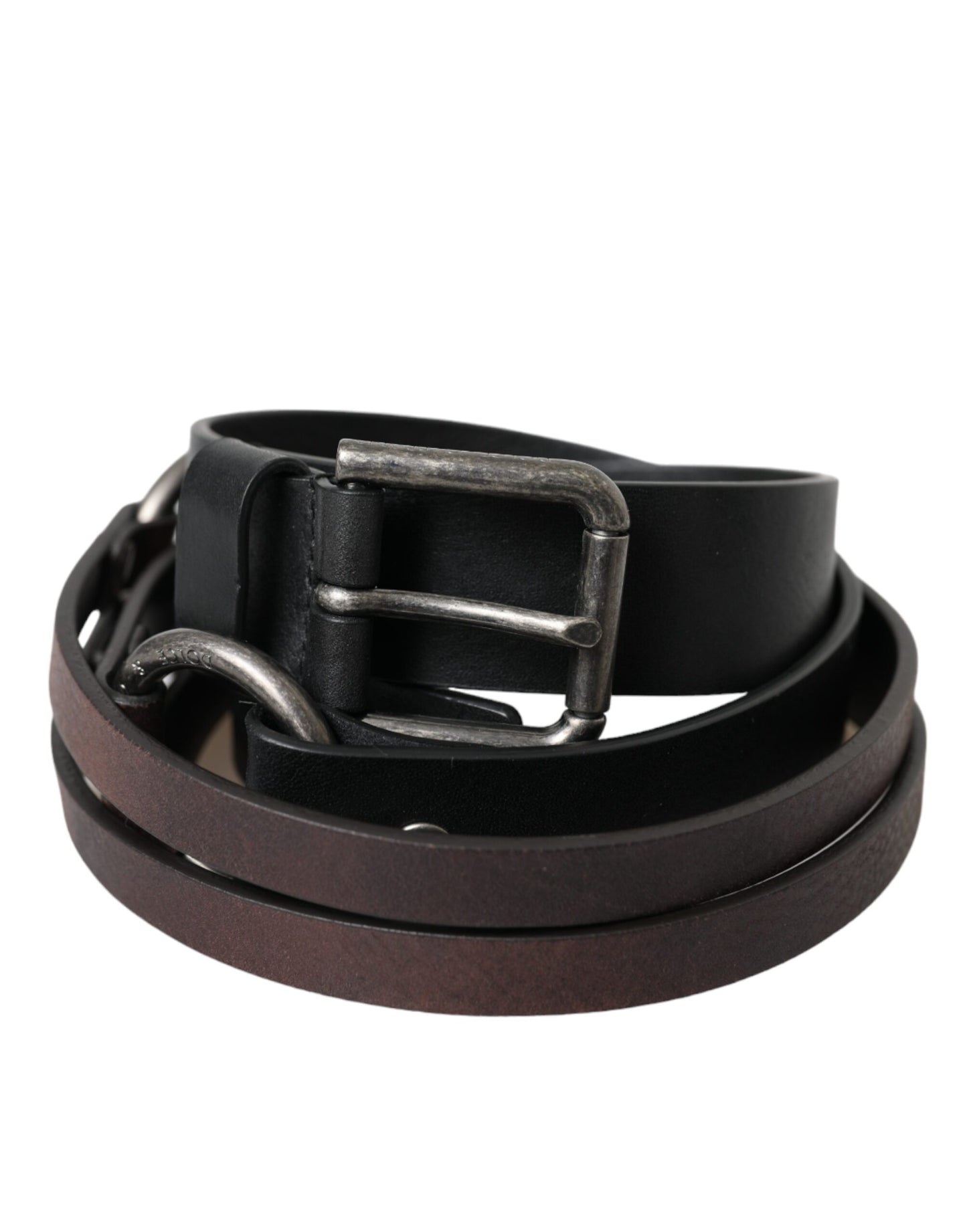 Dolce & Gabbana Black Brown Leather Silver Metal Buckle Belt - KALAJ