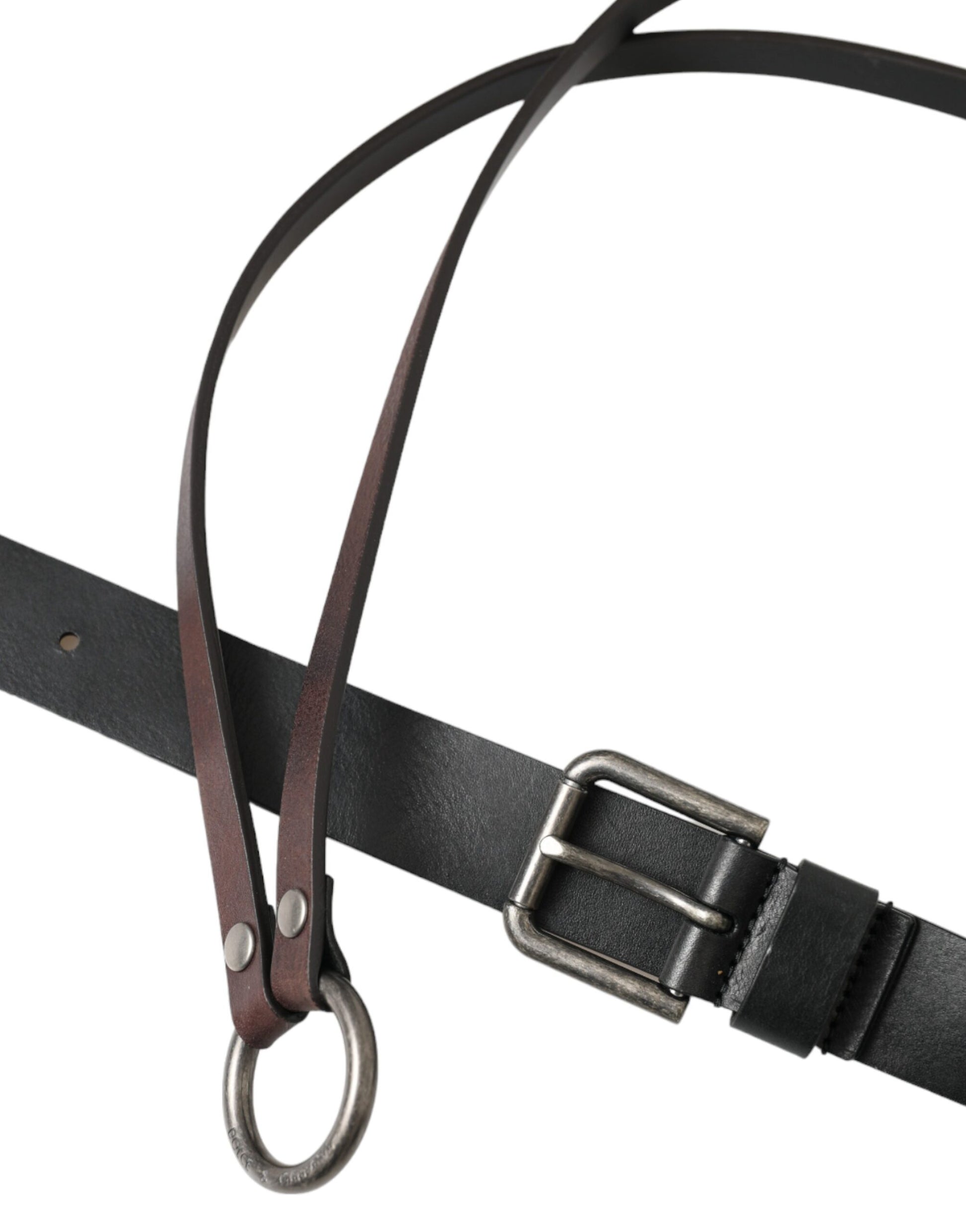 Dolce & Gabbana Black Brown Leather Silver Metal Buckle Belt - KALAJ