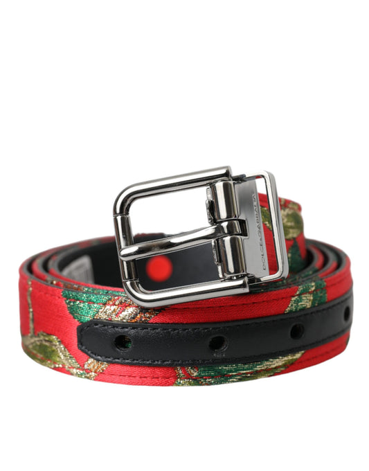 Dolce & Gabbana Red Leather Jacquard Silver Metal Buckle Belt - KALAJ