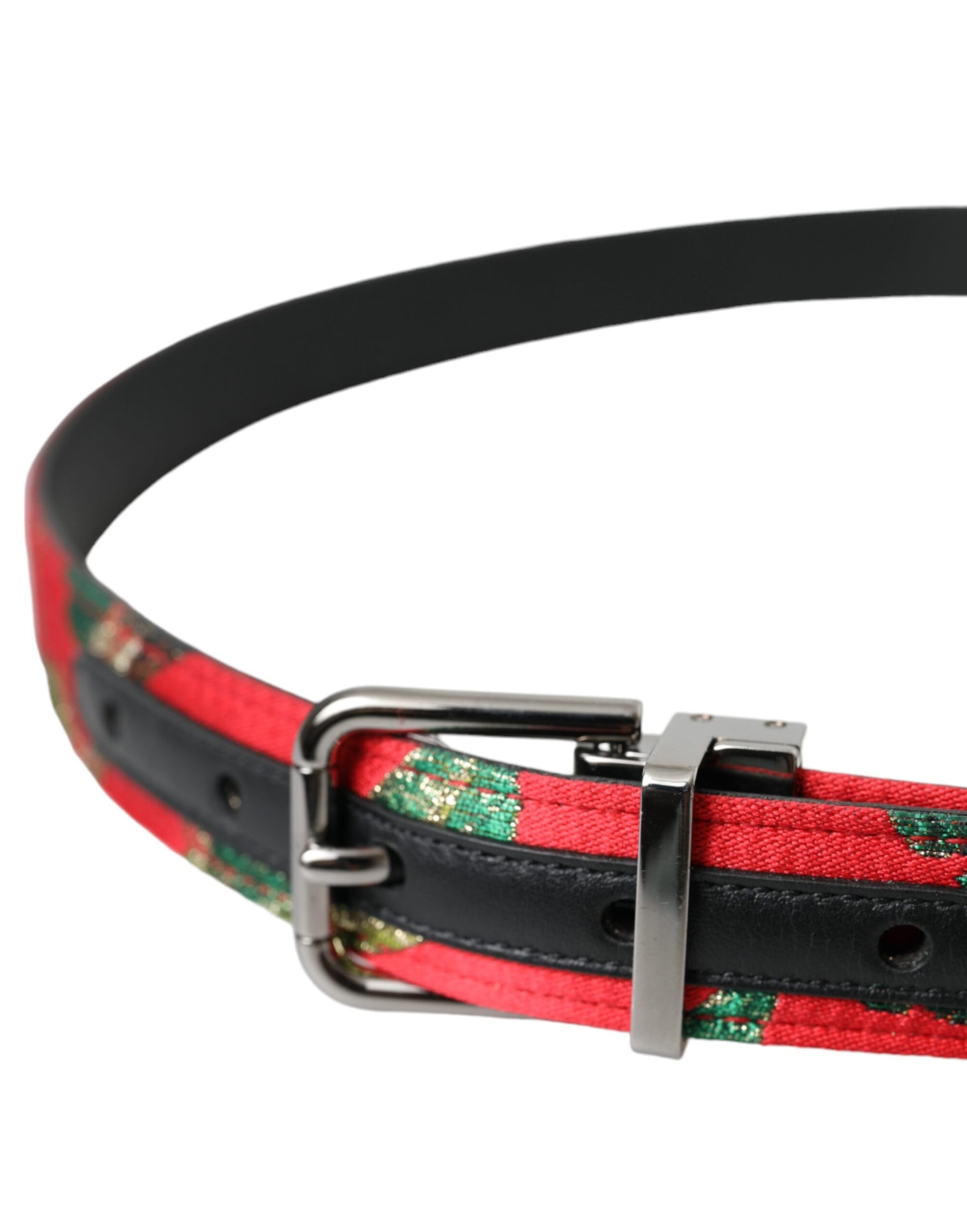 Dolce & Gabbana Red Leather Jacquard Silver Metal Buckle Belt - KALAJ