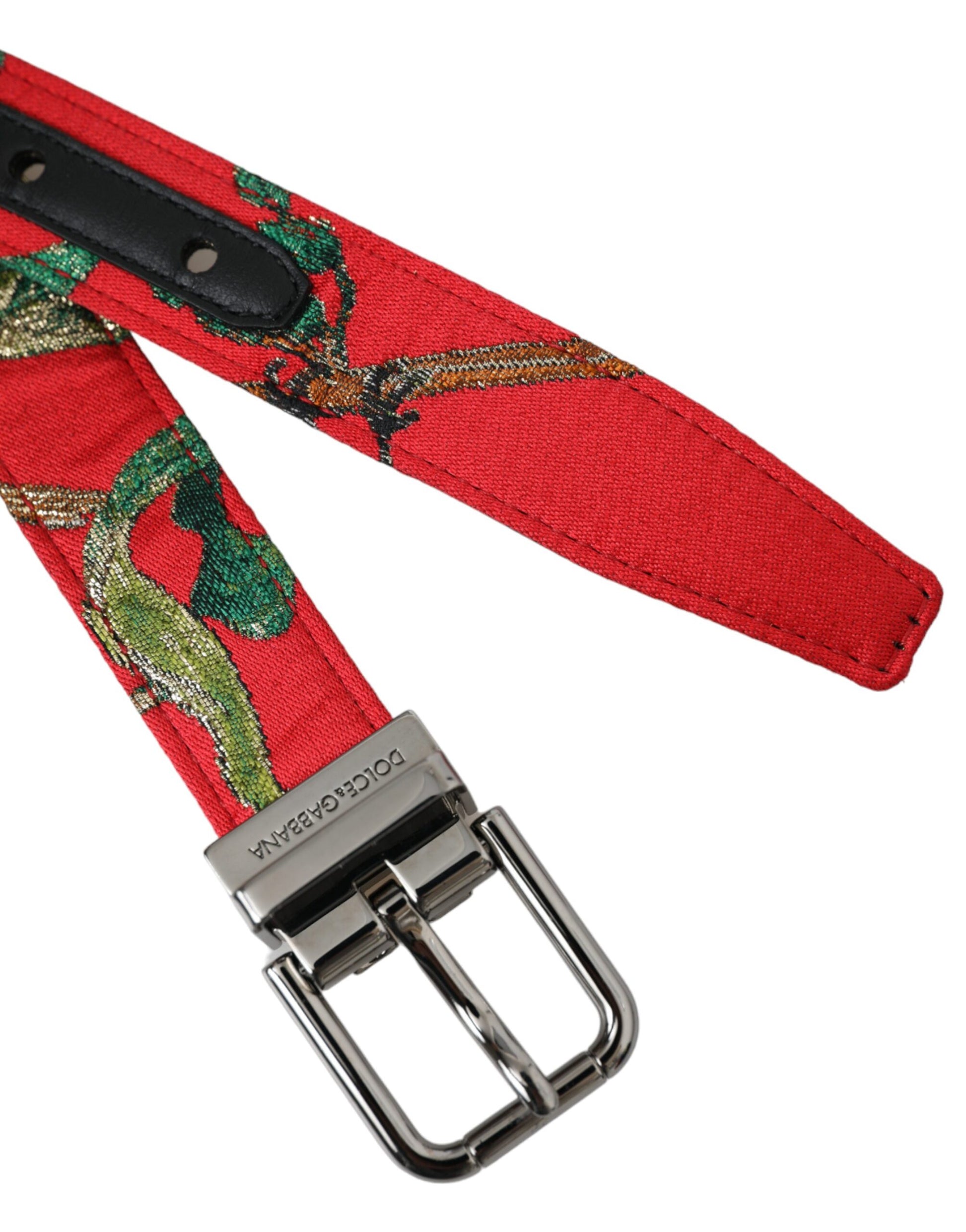 Dolce & Gabbana Red Leather Jacquard Silver Metal Buckle Belt - KALAJ