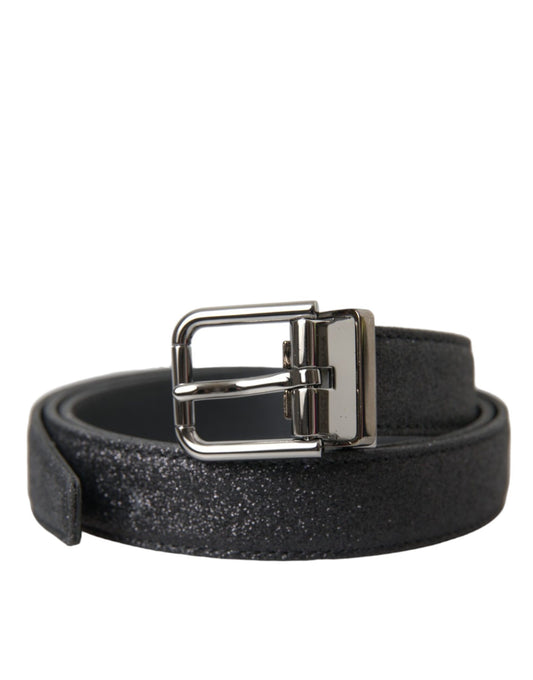 Dolce & Gabbana Black Glittered Leather Silver Buckle Belt - KALAJ