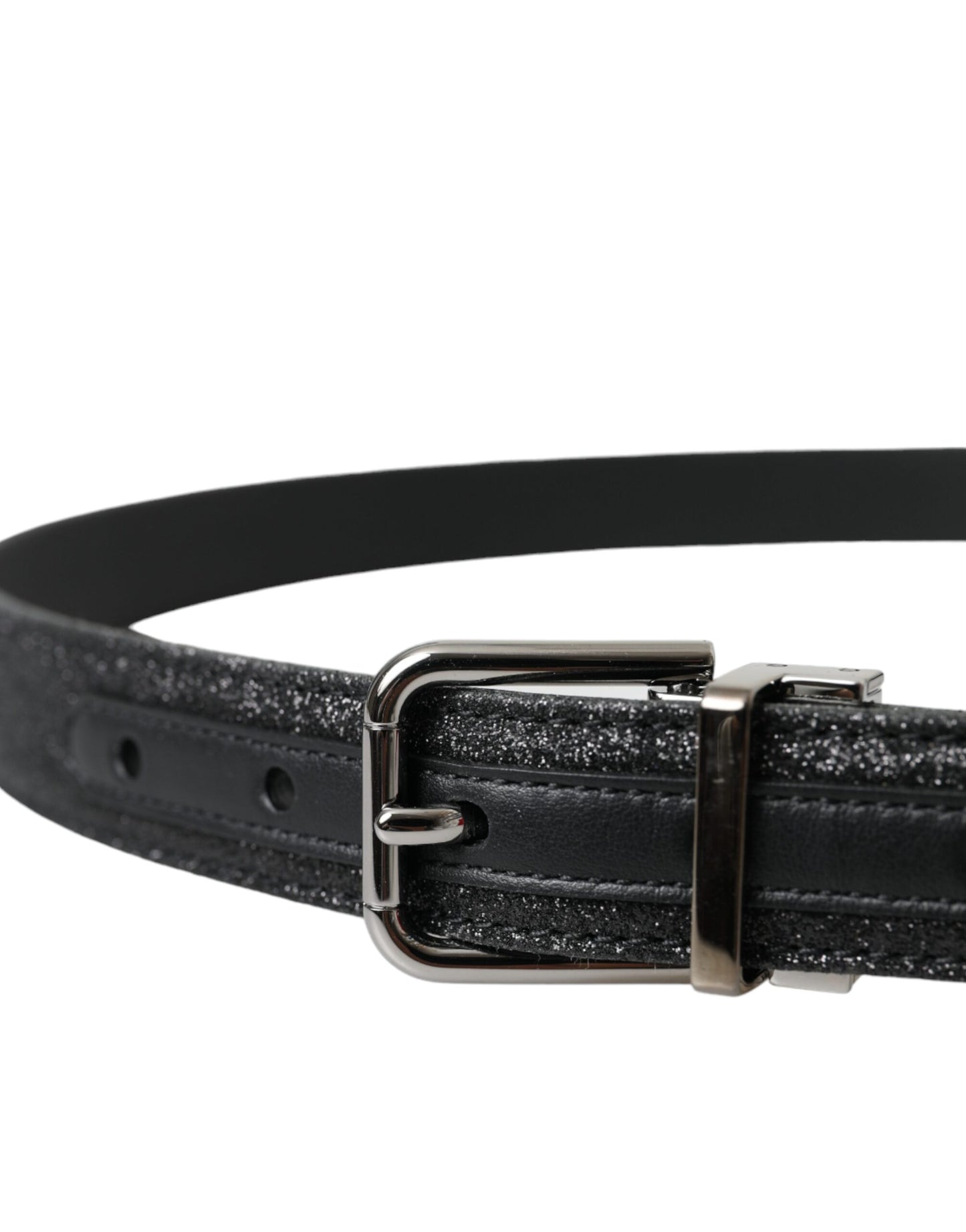 Dolce & Gabbana Black Glittered Leather Silver Buckle Belt - KALAJ