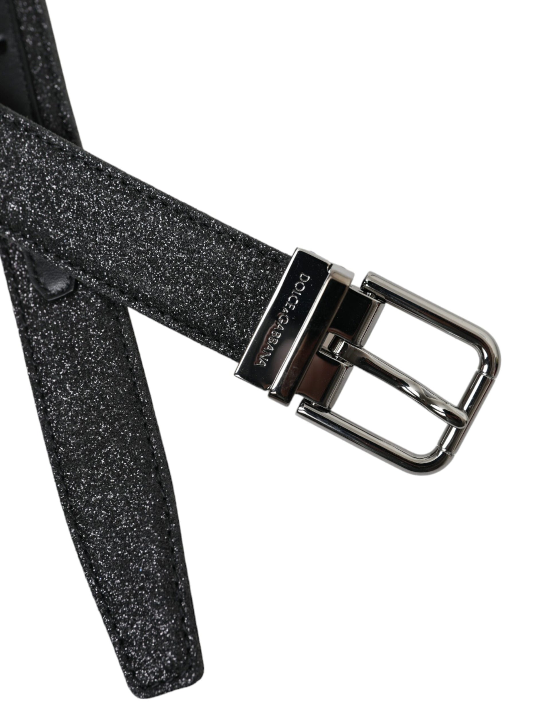 Dolce & Gabbana Black Glittered Leather Silver Buckle Belt - KALAJ