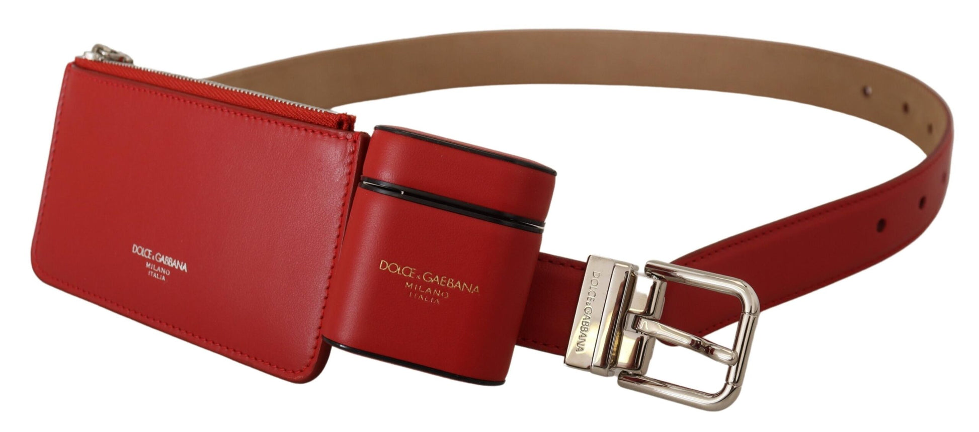 Dolce & Gabbana Red Airpods Case Coin Purse Silver Buckle Belt - KALAJ