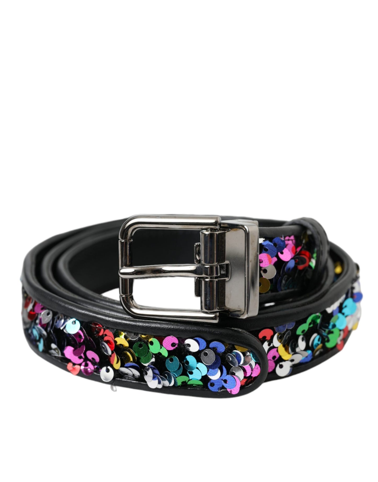 Dolce & Gabbana Black Sequined Silver Metal Buckle Women Belt - KALAJ