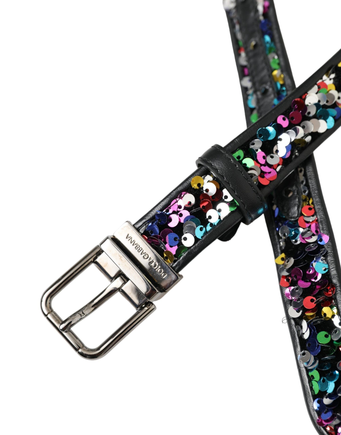 Dolce & Gabbana Black Sequined Silver Metal Buckle Women Belt - KALAJ