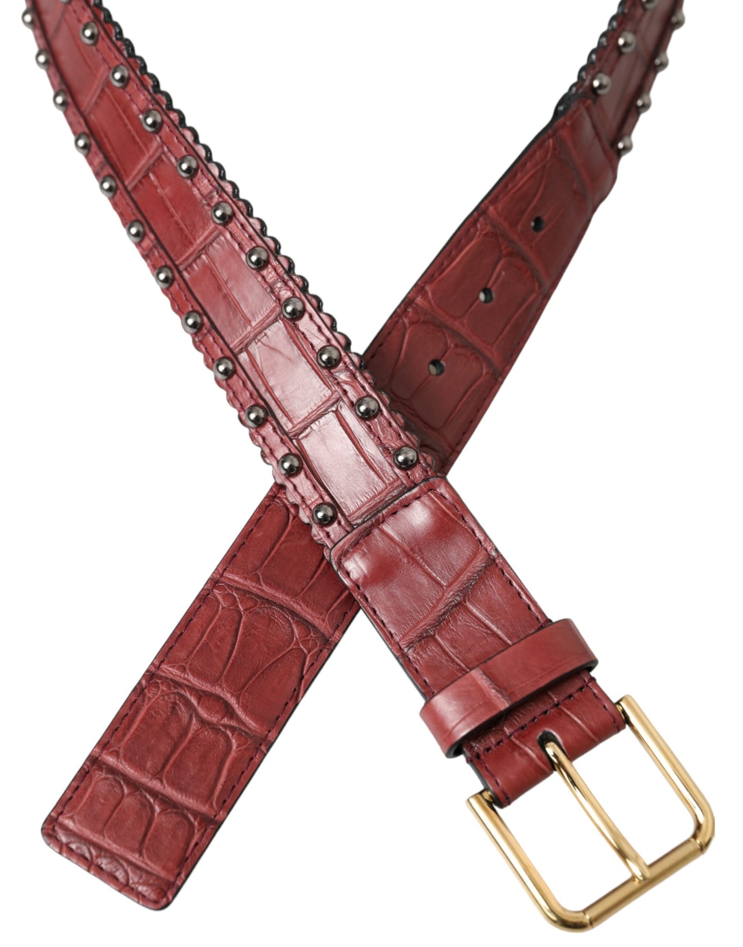 Dolce & Gabbana Brown Alligator Leather Studded Metal Buckle Belt - KALAJ