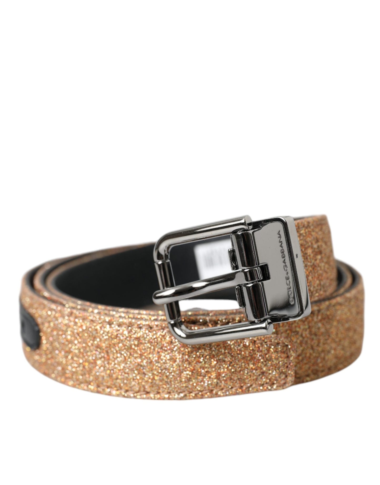 Dolce & Gabbana Gold Glitter Leather Silver Metal Buckle Belt - KALAJ