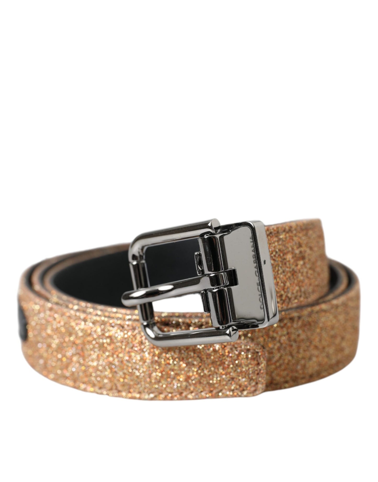 Dolce & Gabbana Gold Glitter Leather Silver Metal Buckle Belt - KALAJ