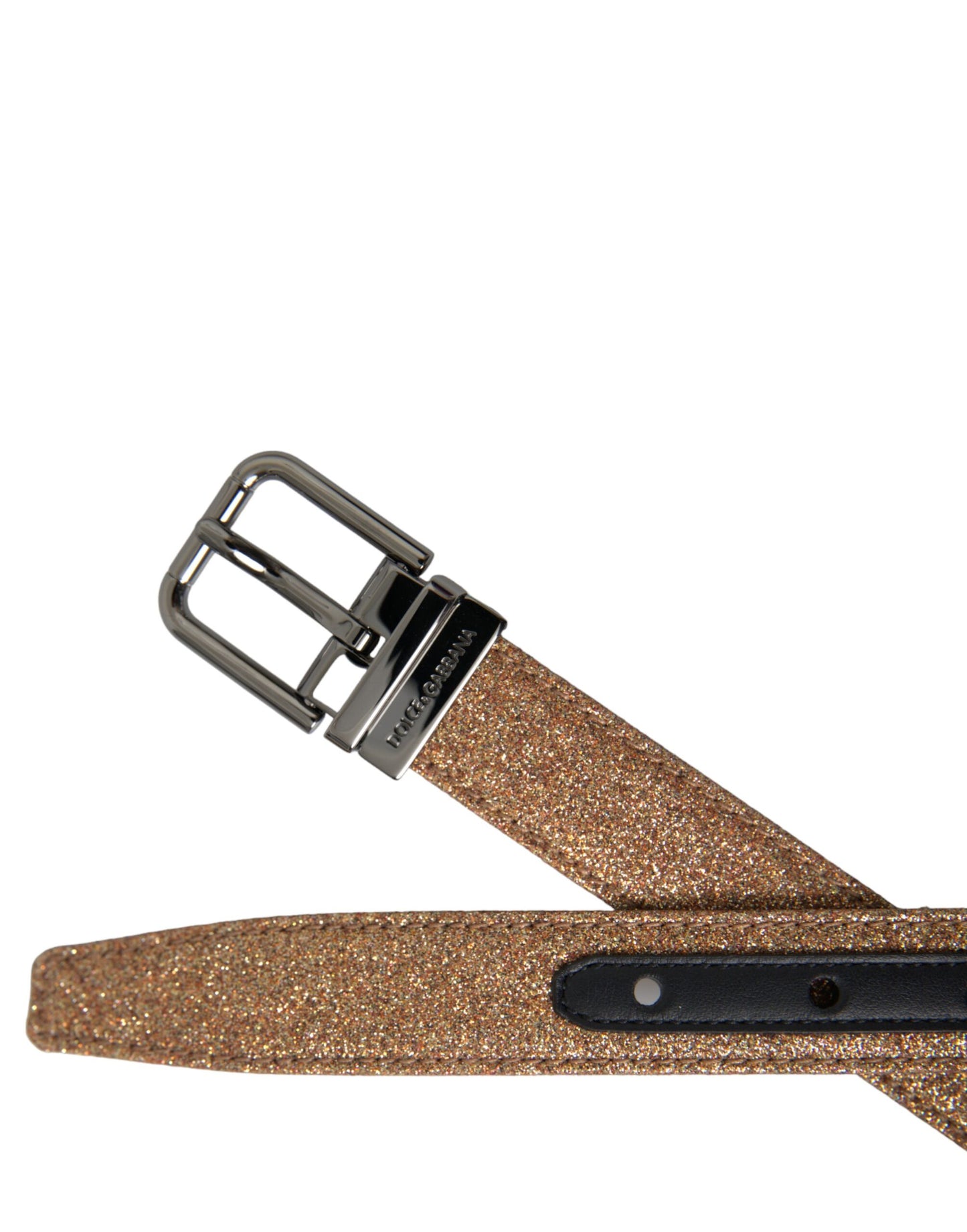 Dolce & Gabbana Gold Glitter Leather Silver Metal Buckle Belt - KALAJ