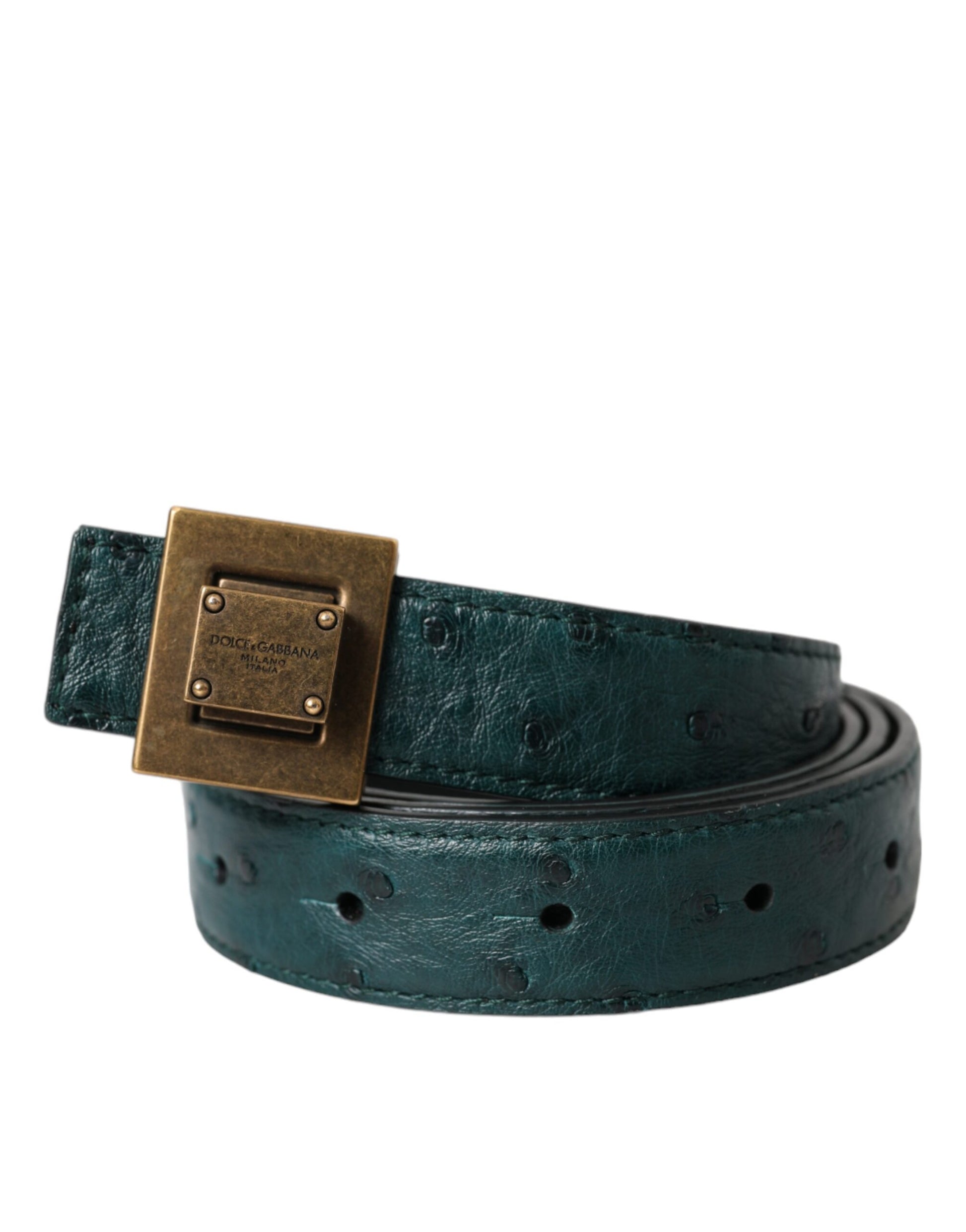 Dolce & Gabbana Dark Green Leather Square Metal Buckle Belt - KALAJ