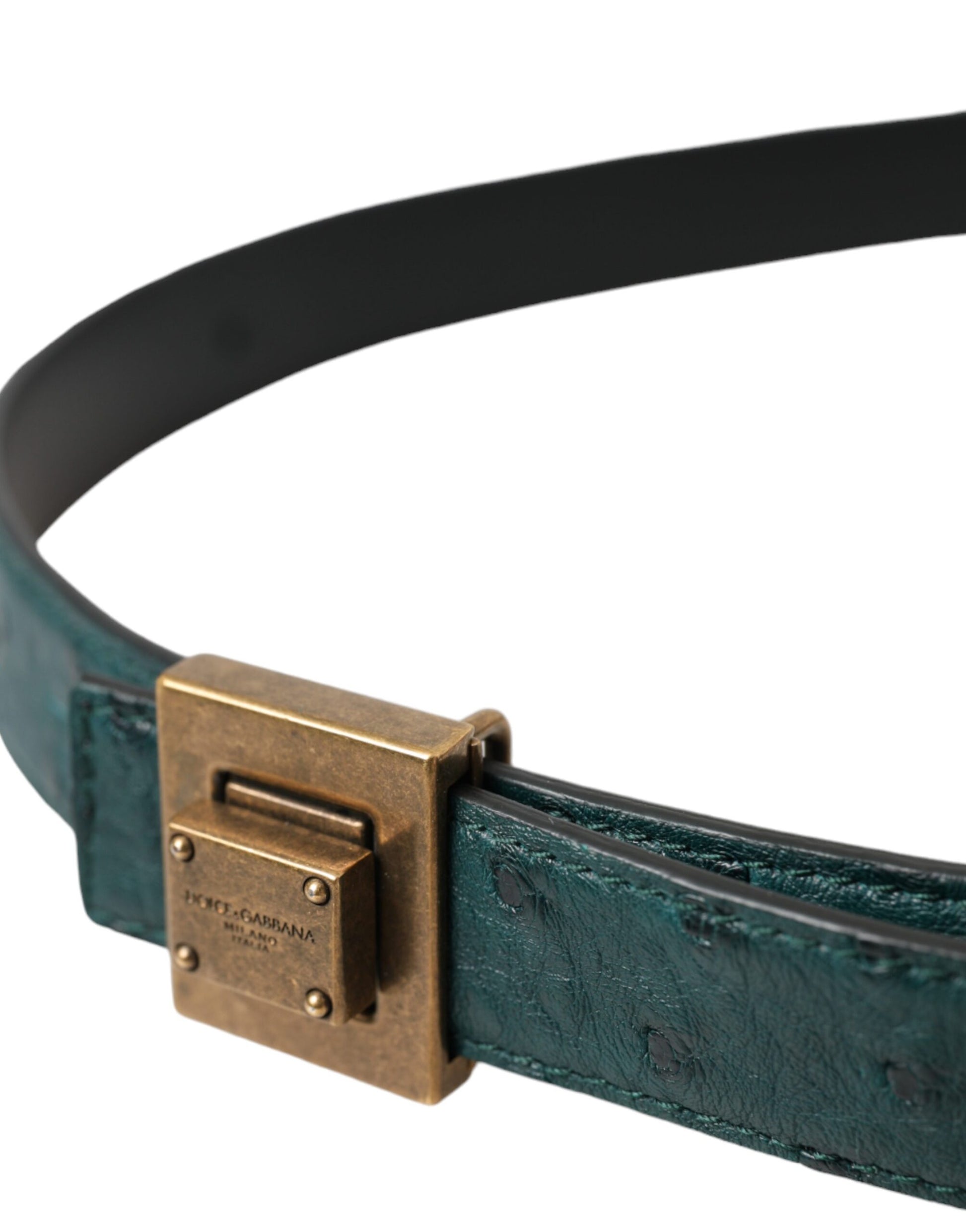 Dolce & Gabbana Dark Green Leather Square Metal Buckle Belt - KALAJ