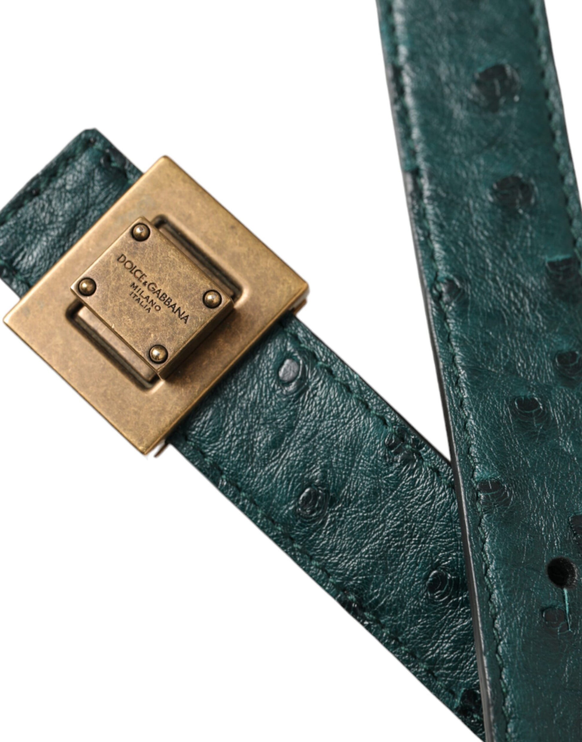 Dolce & Gabbana Dark Green Leather Square Metal Buckle Belt - KALAJ