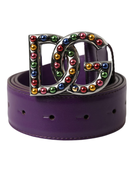 Dolce & Gabbana Purple Leather DG Logo Studs Metal Buckle Belt - KALAJ