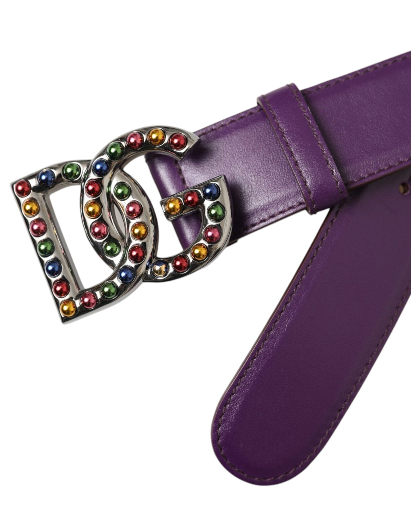 Dolce & Gabbana Purple Leather DG Logo Studs Metal Buckle Belt - KALAJ