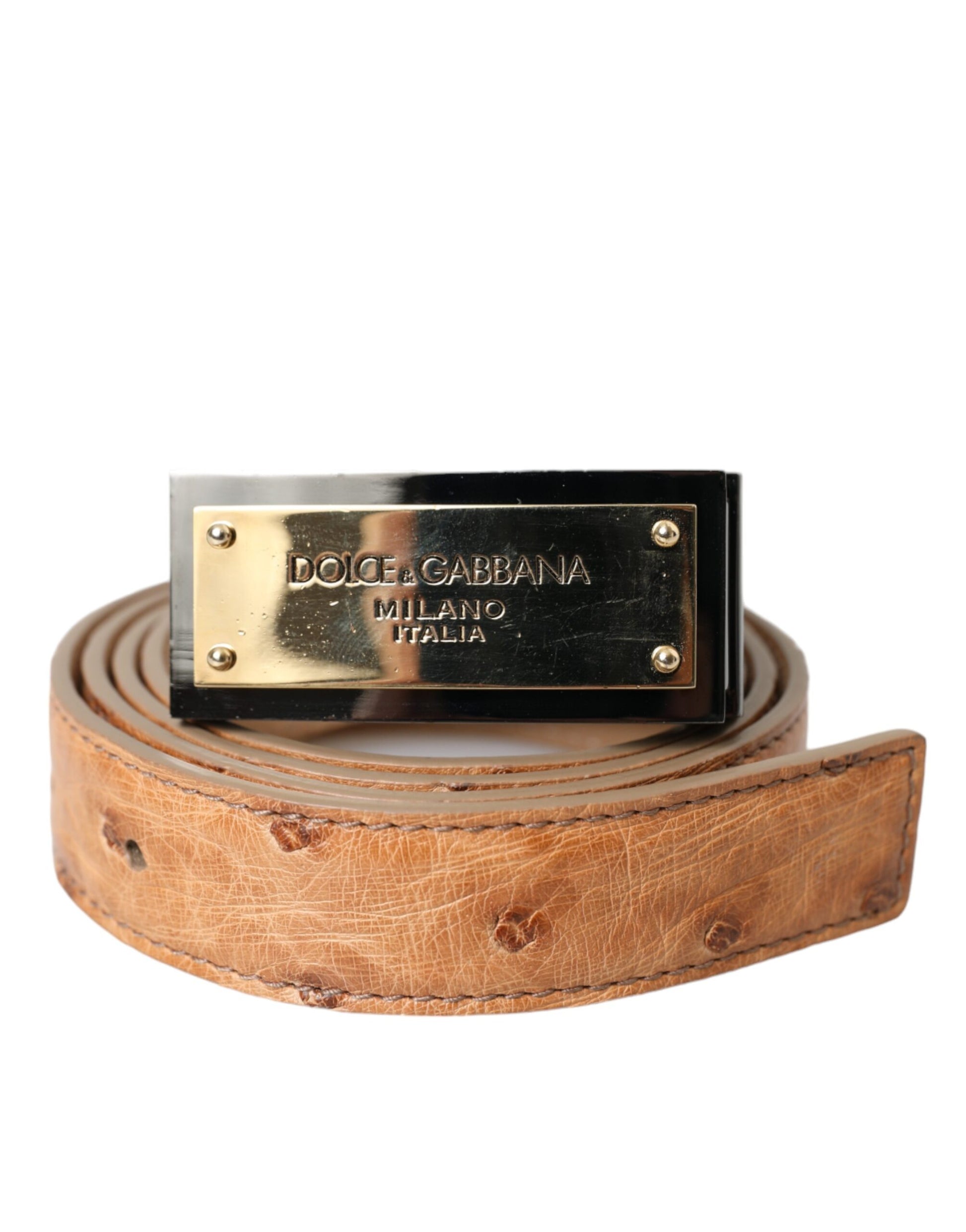 Dolce & Gabbana Beige Leather Gold Logo Engraved Buckle Belt - KALAJ