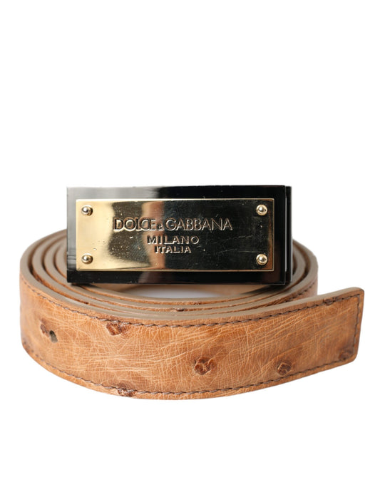 Dolce & Gabbana Beige Leather Gold Logo Engraved Buckle Belt - KALAJ