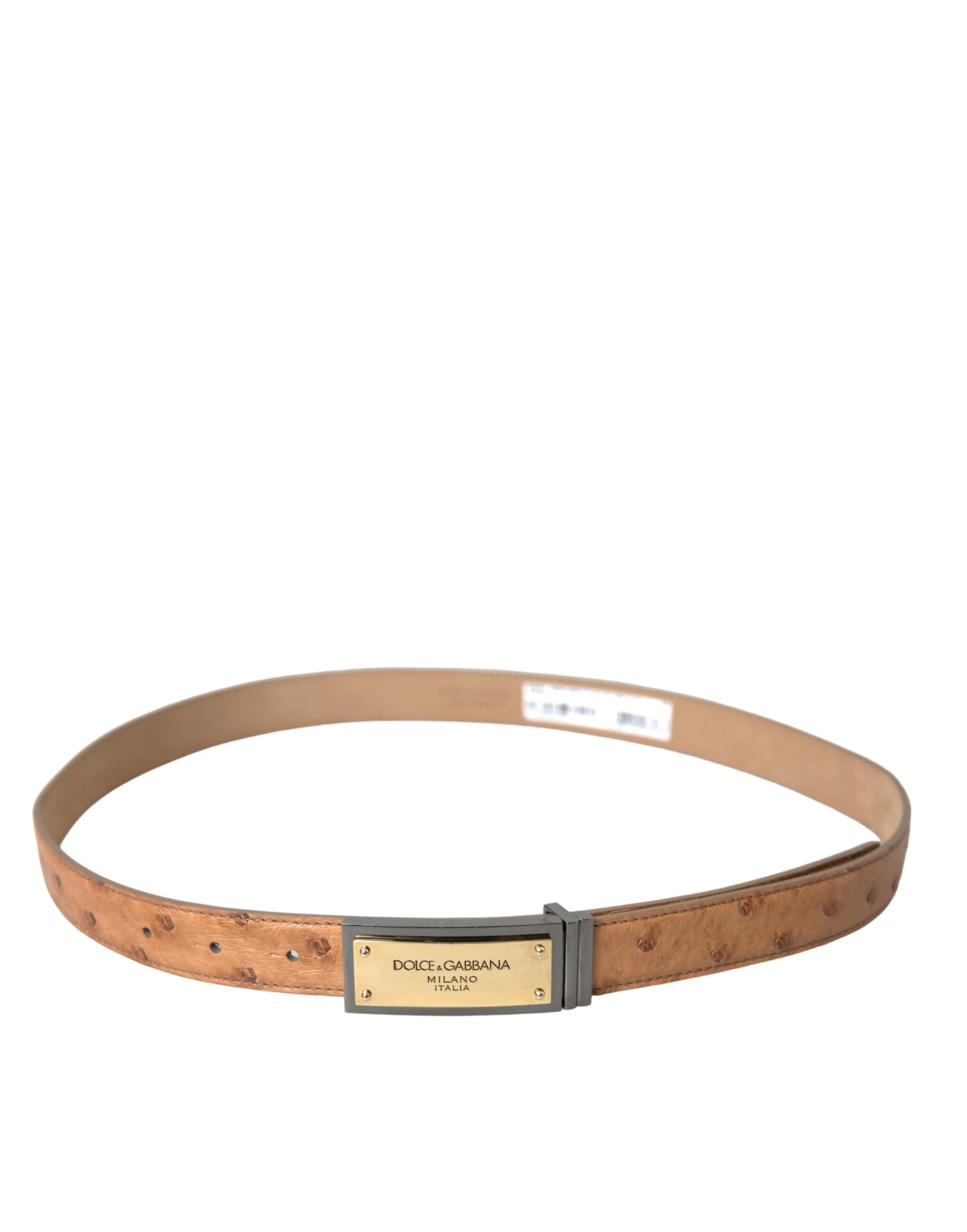 Dolce & Gabbana Beige Leather Gold Logo Engraved Buckle Belt - KALAJ