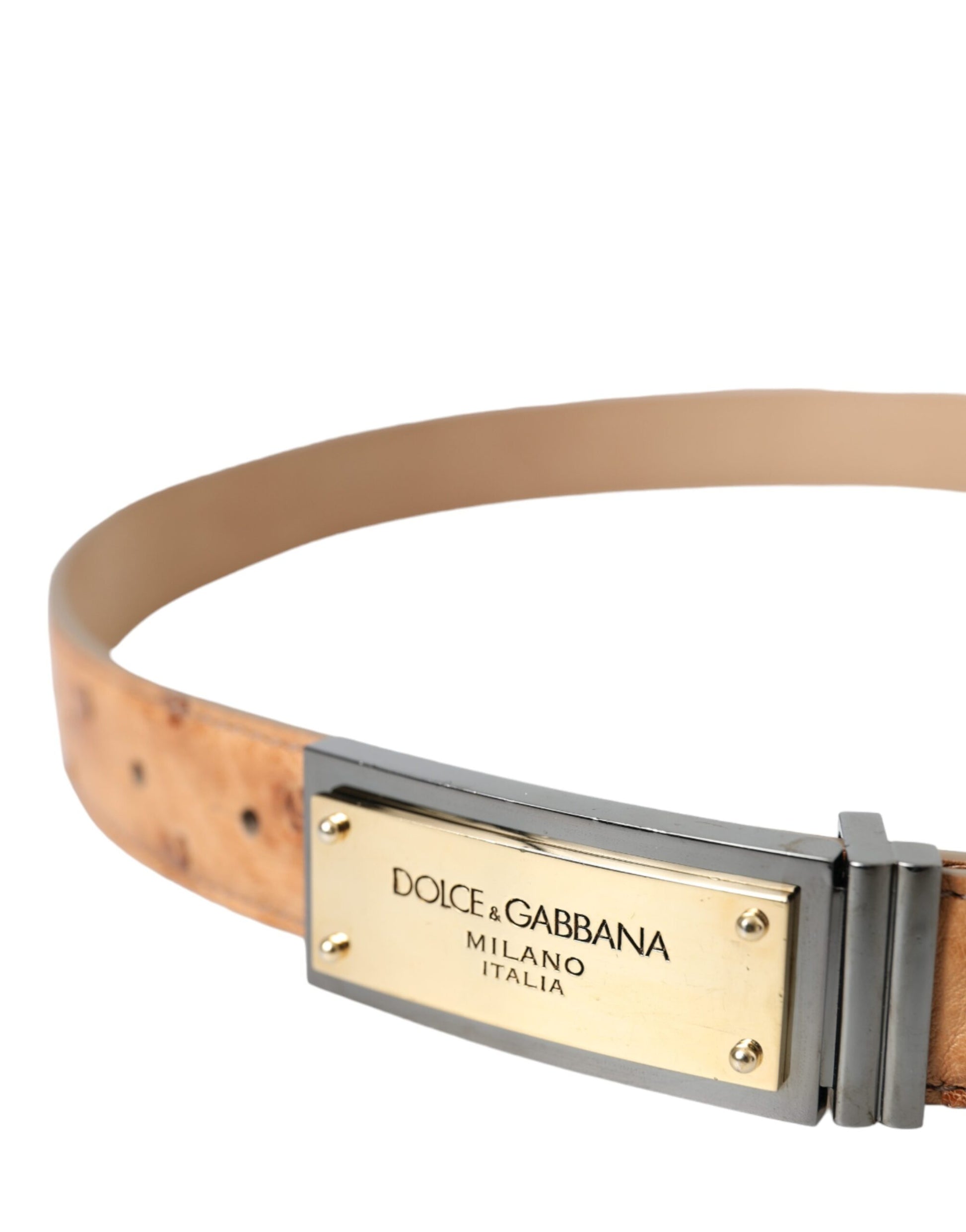 Dolce & Gabbana Beige Leather Gold Logo Engraved Buckle Belt - KALAJ