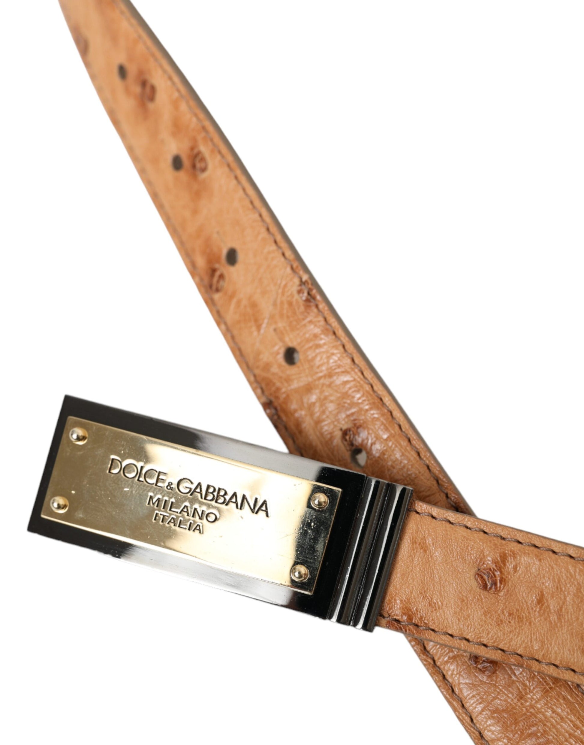 Dolce & Gabbana Beige Leather Gold Logo Engraved Buckle Belt - KALAJ