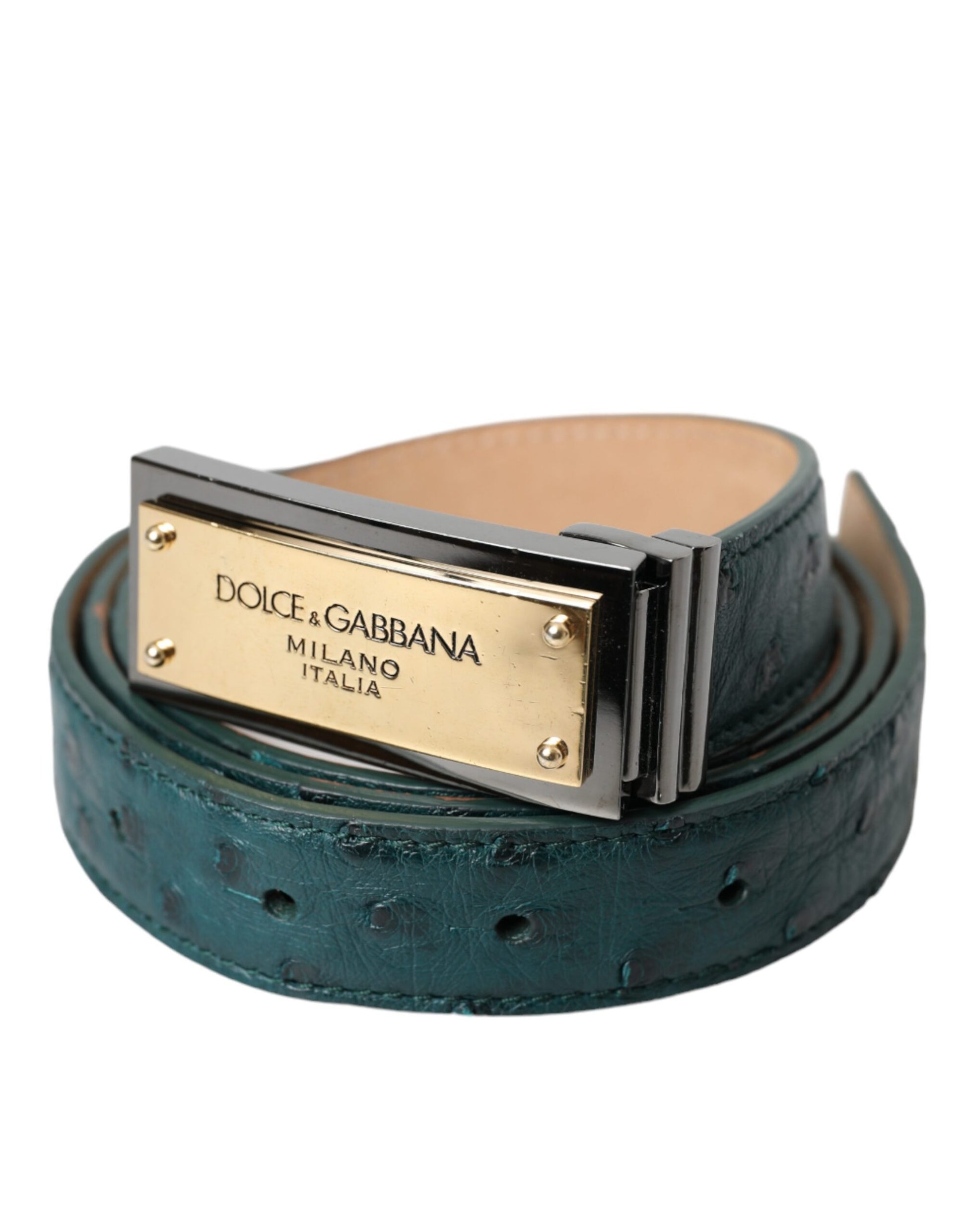 Dolce & Gabbana Green Leather Gold Logo Engraved Buckle Belt - KALAJ