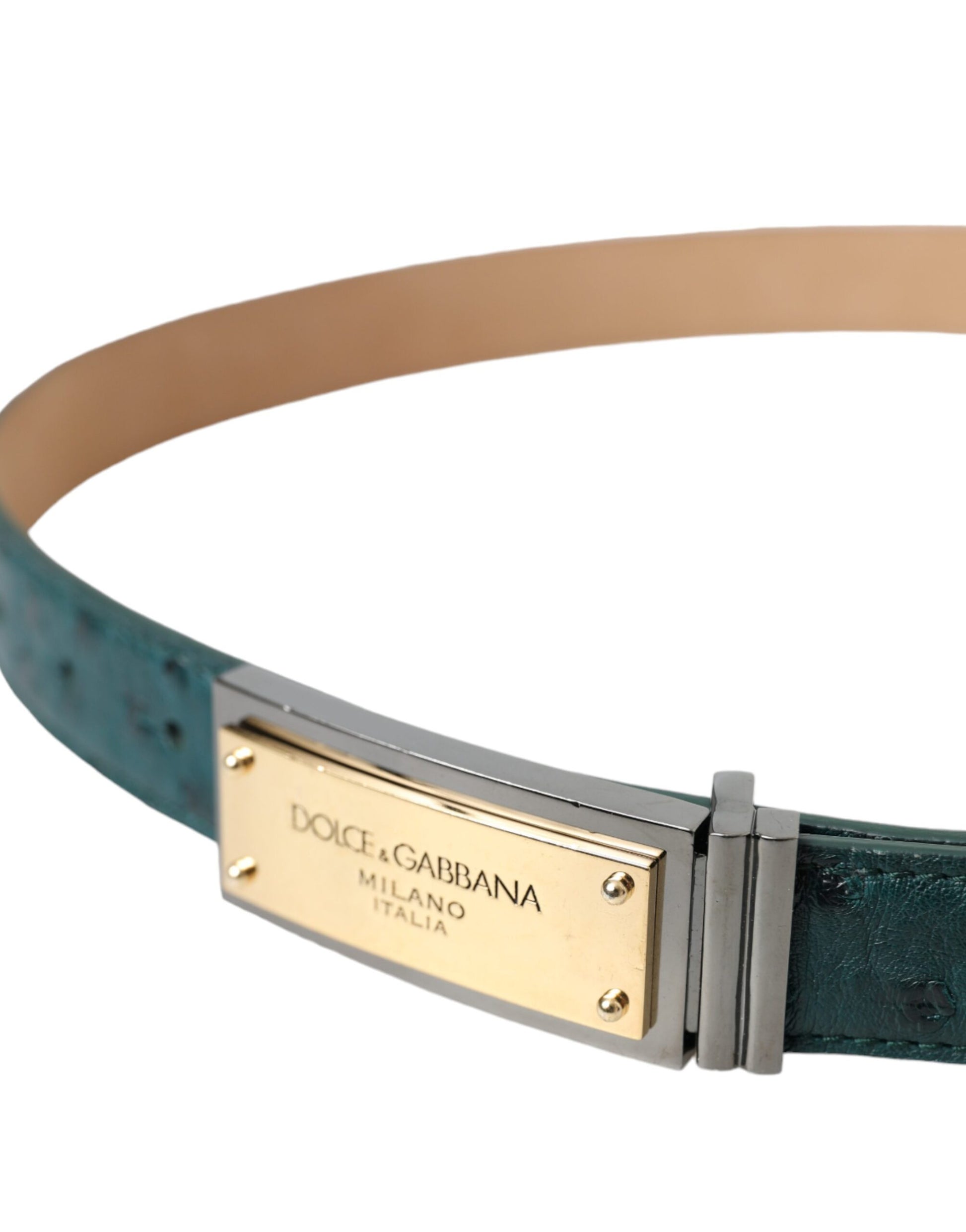 Dolce & Gabbana Green Leather Gold Logo Engraved Buckle Belt - KALAJ