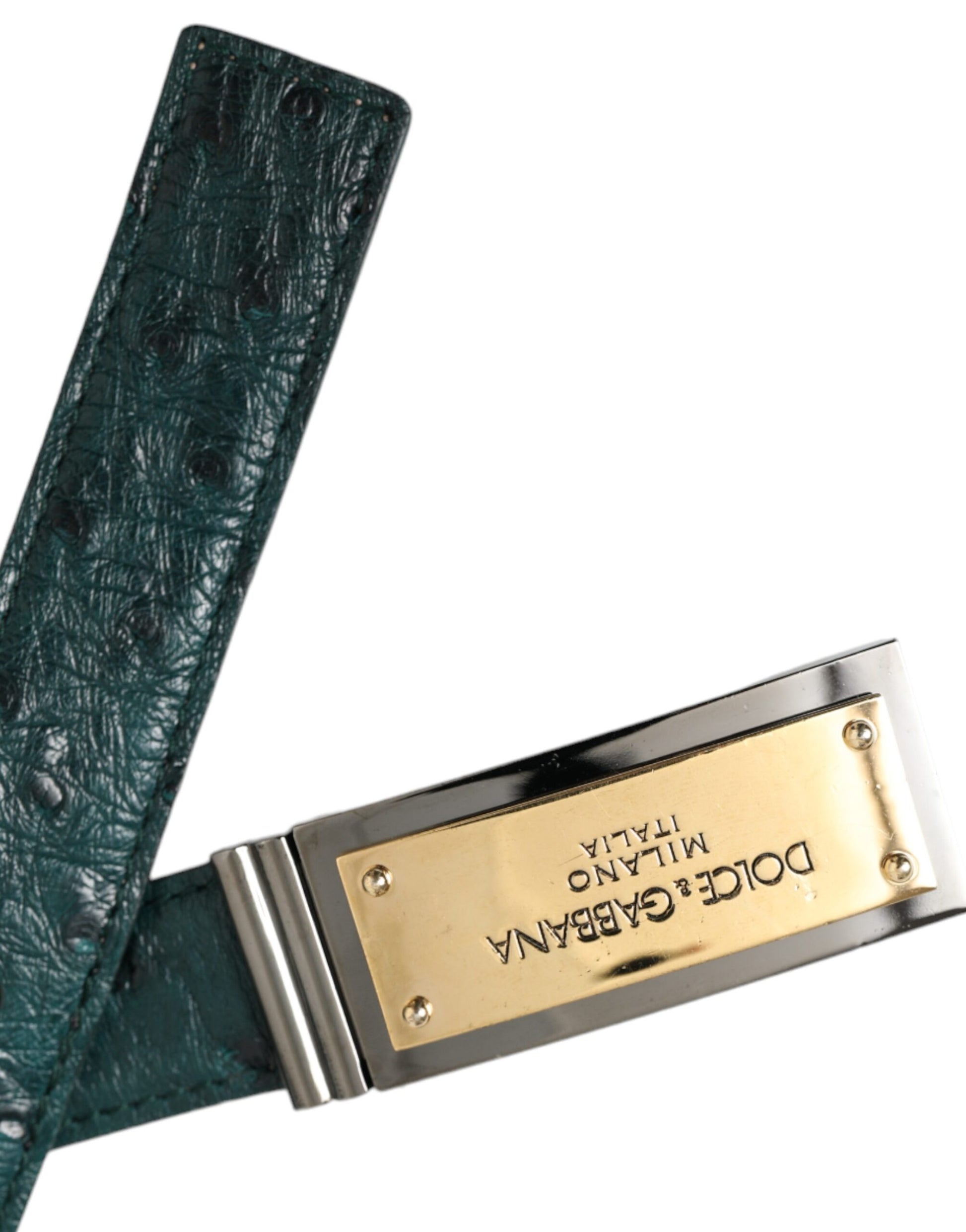 Dolce & Gabbana Green Leather Gold Logo Engraved Buckle Belt - KALAJ