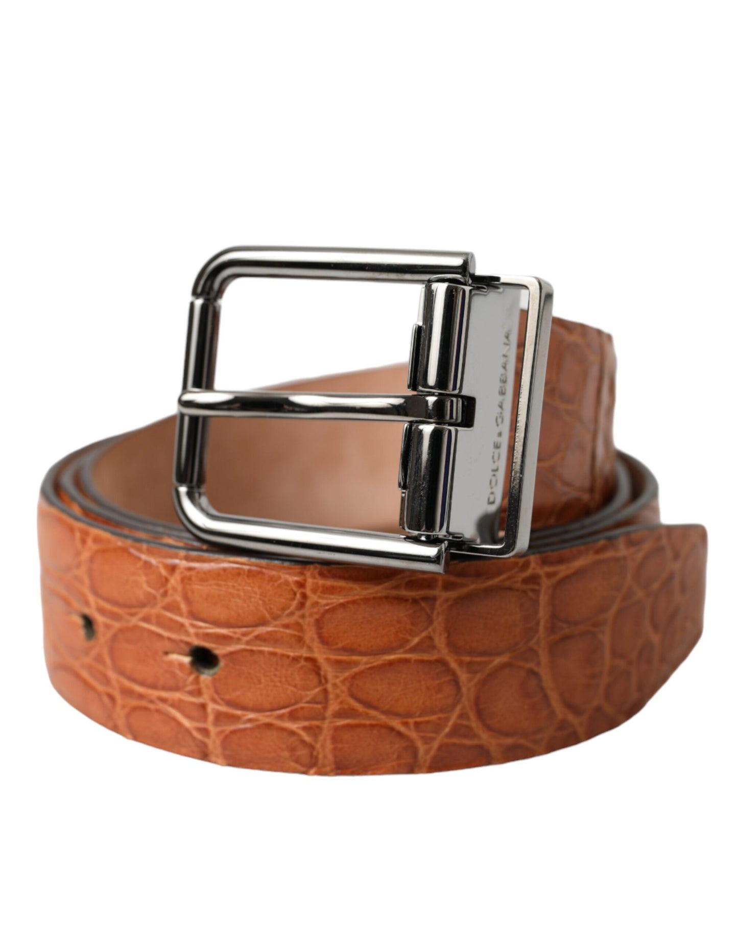 Dolce & Gabbana Brown Exotic Leather Silver Metal Buckle Belt - KALAJ