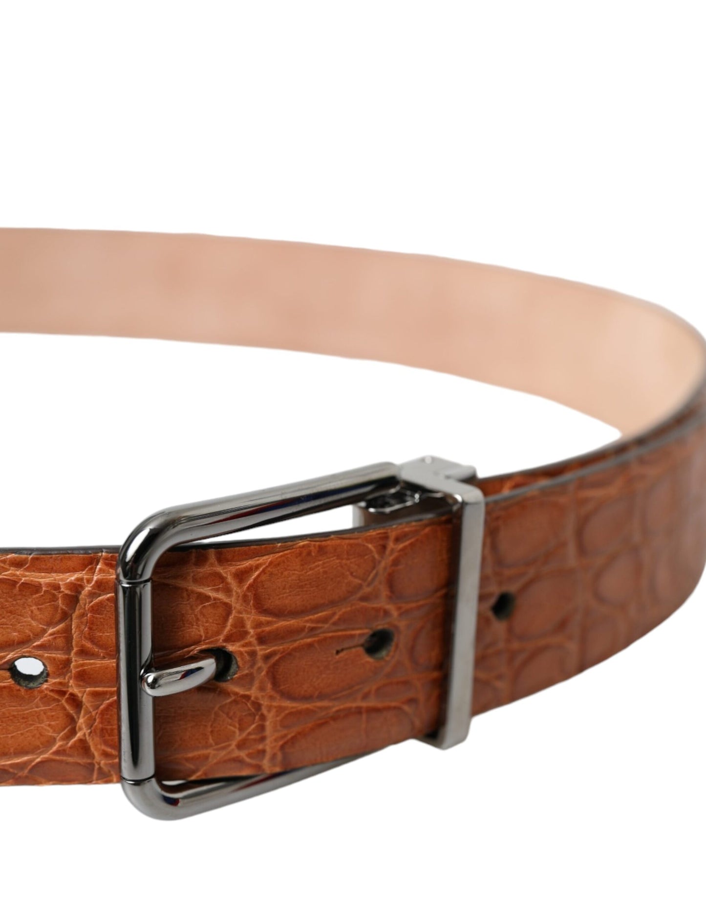 Dolce & Gabbana Brown Exotic Leather Silver Metal Buckle Belt - KALAJ