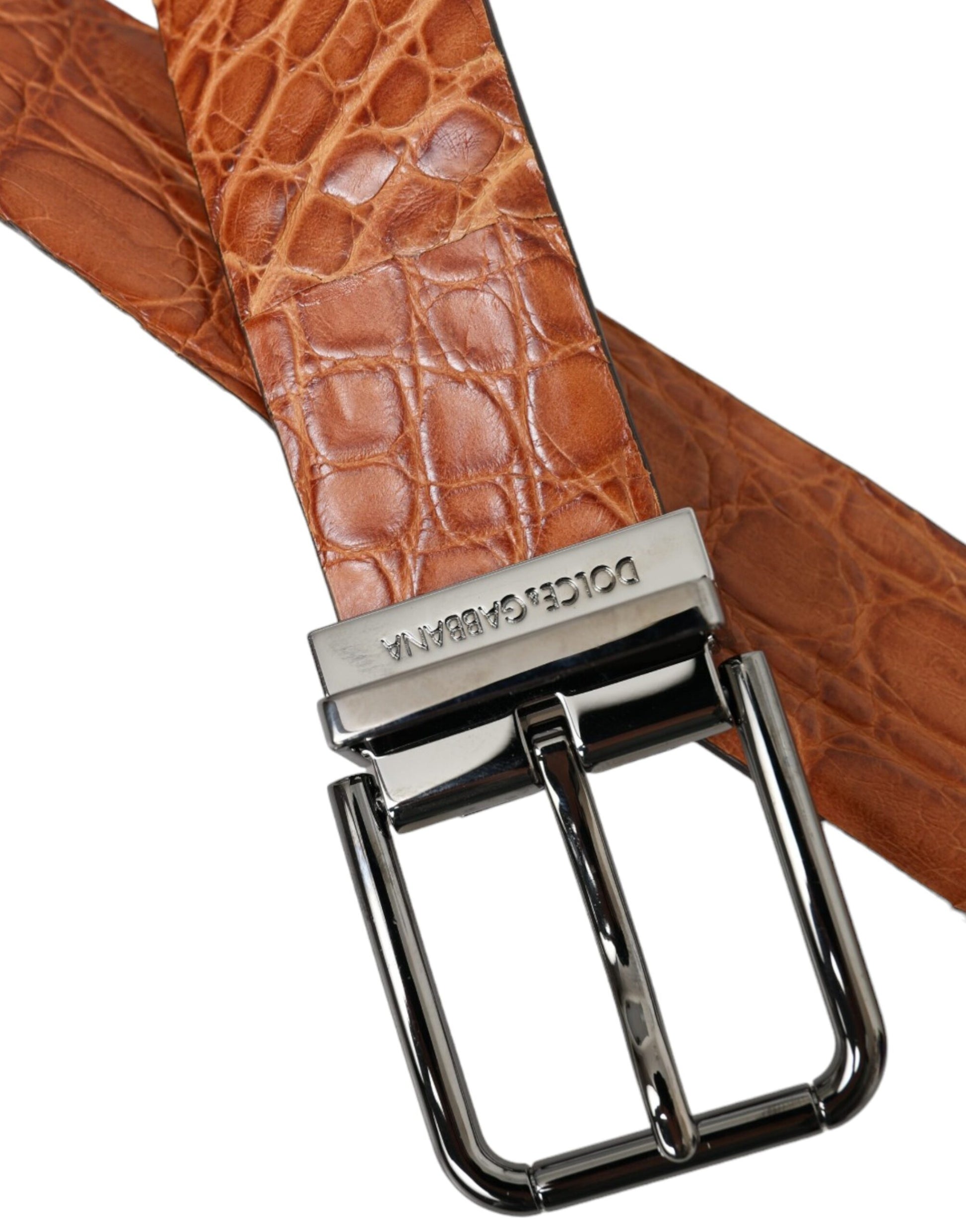 Dolce & Gabbana Brown Exotic Leather Silver Metal Buckle Belt - KALAJ