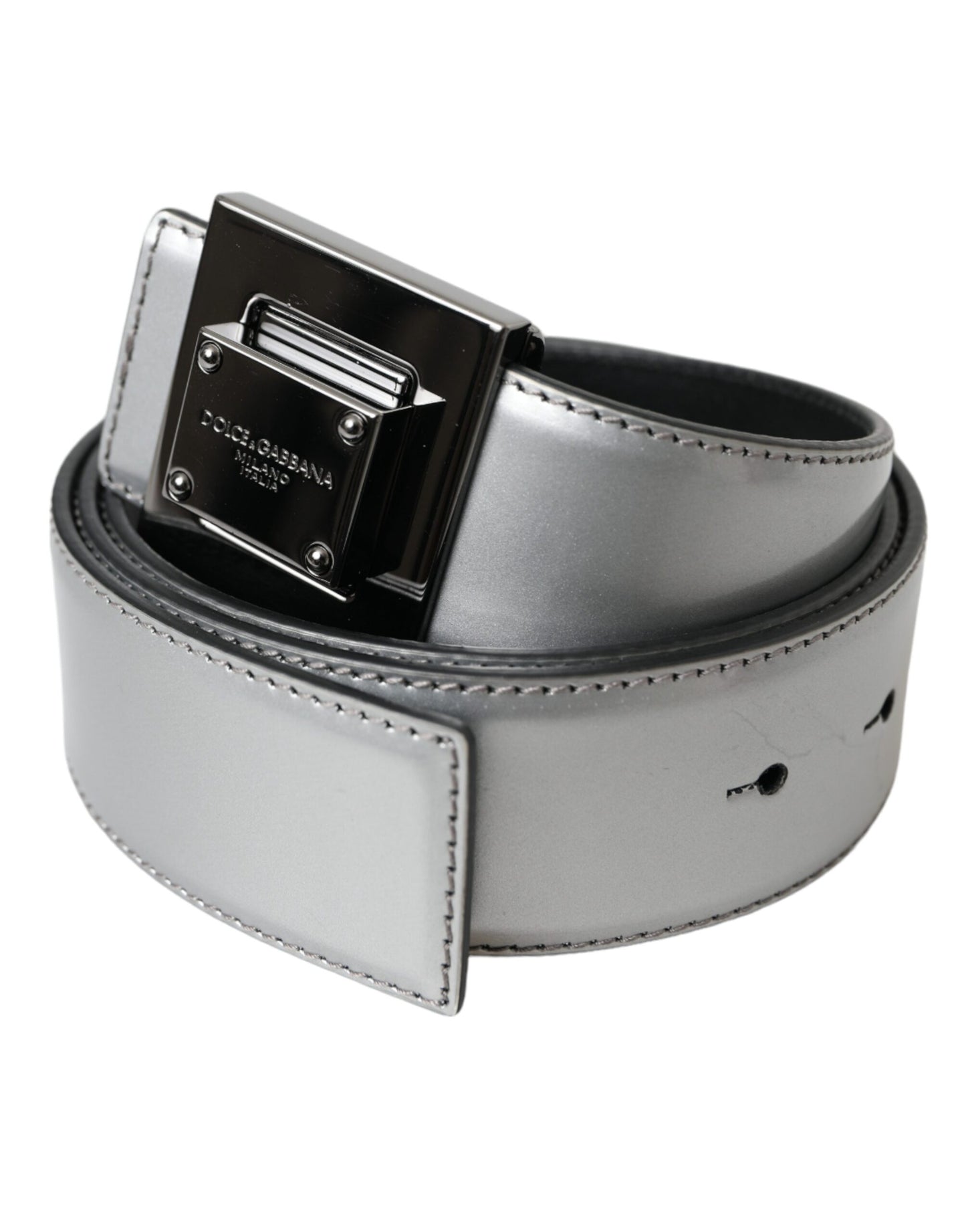 Dolce & Gabbana Silver Leather Square Metal Buckle Belt - KALAJ