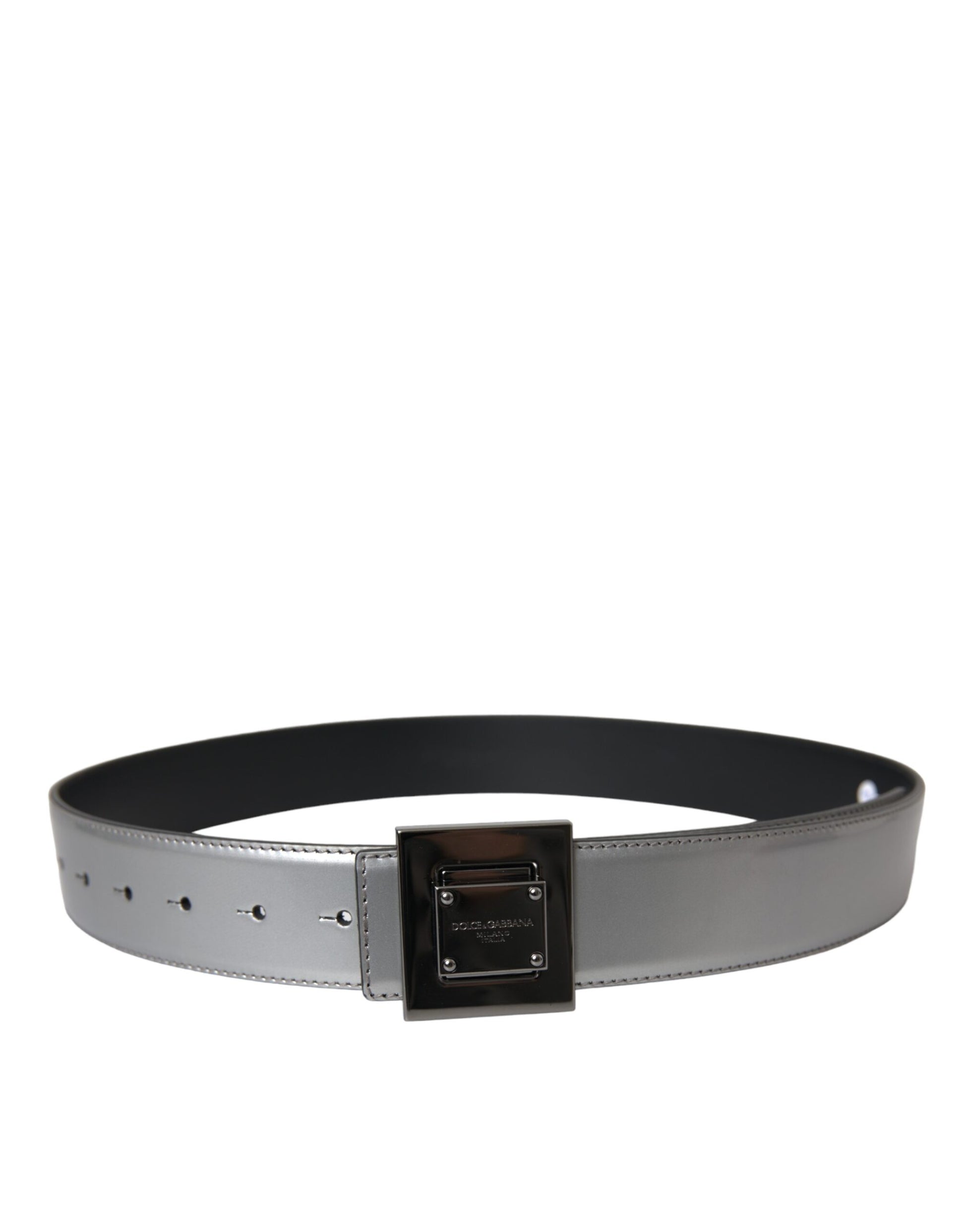 Dolce & Gabbana Silver Leather Square Metal Buckle Belt - KALAJ