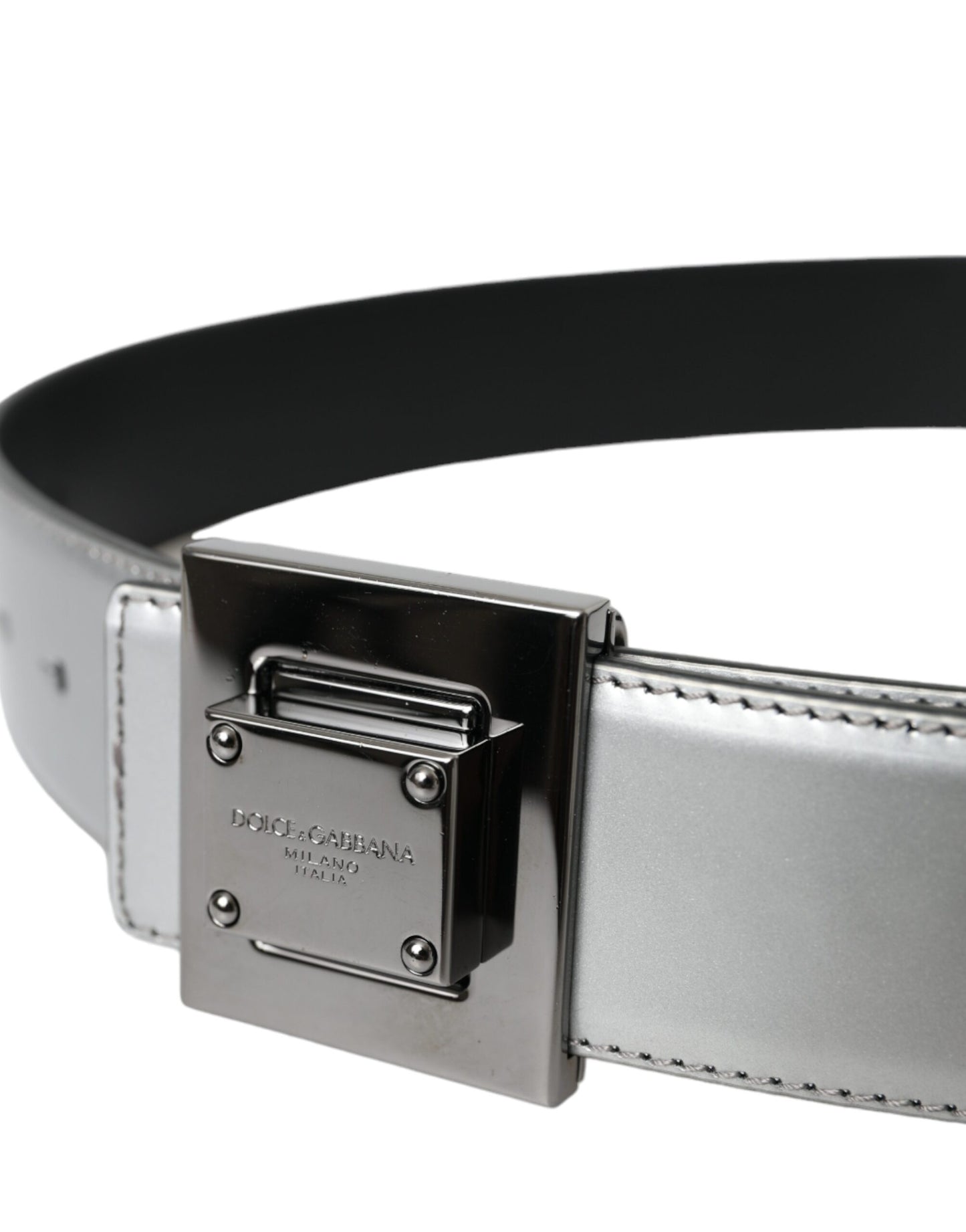 Dolce & Gabbana Silver Leather Square Metal Buckle Belt - KALAJ